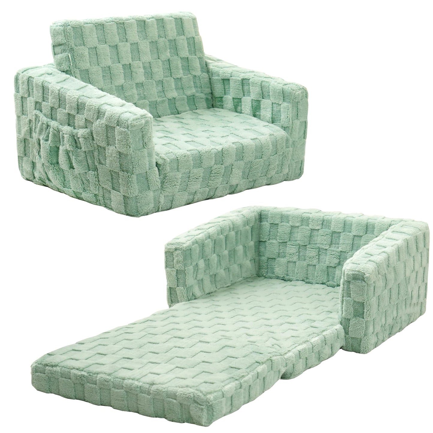 Toddler Couch for Kids, 2-in-1 Kids Fold Out Couch with Flip Open Sofa Lounger, Soft Flannel Kids Sofa Chair for Playroom Bedroom, Green