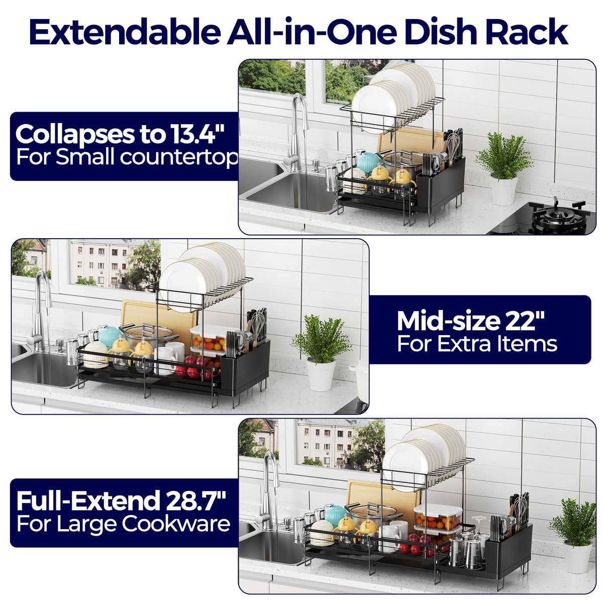 Large Dish Drying Rack, Expandable Dish Rack for Kitchen Counter, Upgraded Dish Drainer with Drainboard Set, Multifunctional Dishrack with Utensil Holder & Cup Holder, 13.4"-28.7" L x 11.8" W (2-Tier)