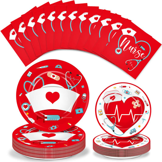 200 Pcs Graduation Nurse Party Decorations Doctor Nurse Week Party Plates Include 9 Inch 7 Inch Paper Disposable Plates Lunch Napkin Medical Birthday Party Tableware Set for Nursing School(Red)