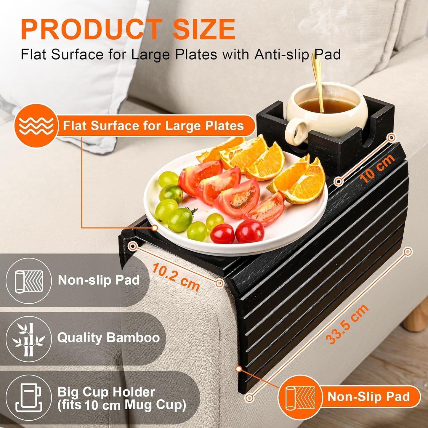 Joy&Grace Sofa Armrest Tray with Large Mug Holder, Bamboo Couch Arm Tray, Anti-Slip Couch Cup Holder Foldable Sofa Arm Table for Eating Drinks Cellphone (Color Black)