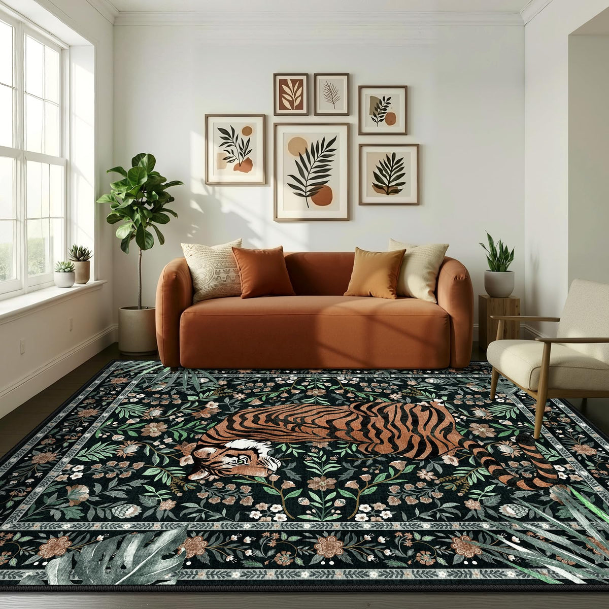 Hroza 5x7 Area Rug for Bedroom Tropical Jungle Tiger Non-Slip Green Rug Kid & Pet Friendly Washable Condo Rugs