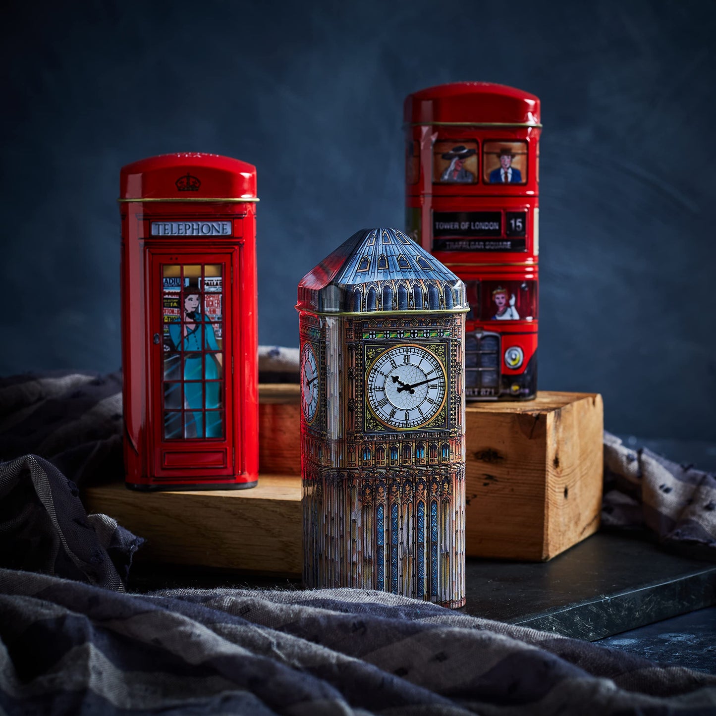 New English Teas British Souvenir 3x Tea Tins with 42 English Breakfast Teabags - Telephone Box, Big Ben & Red Routemaster Bus