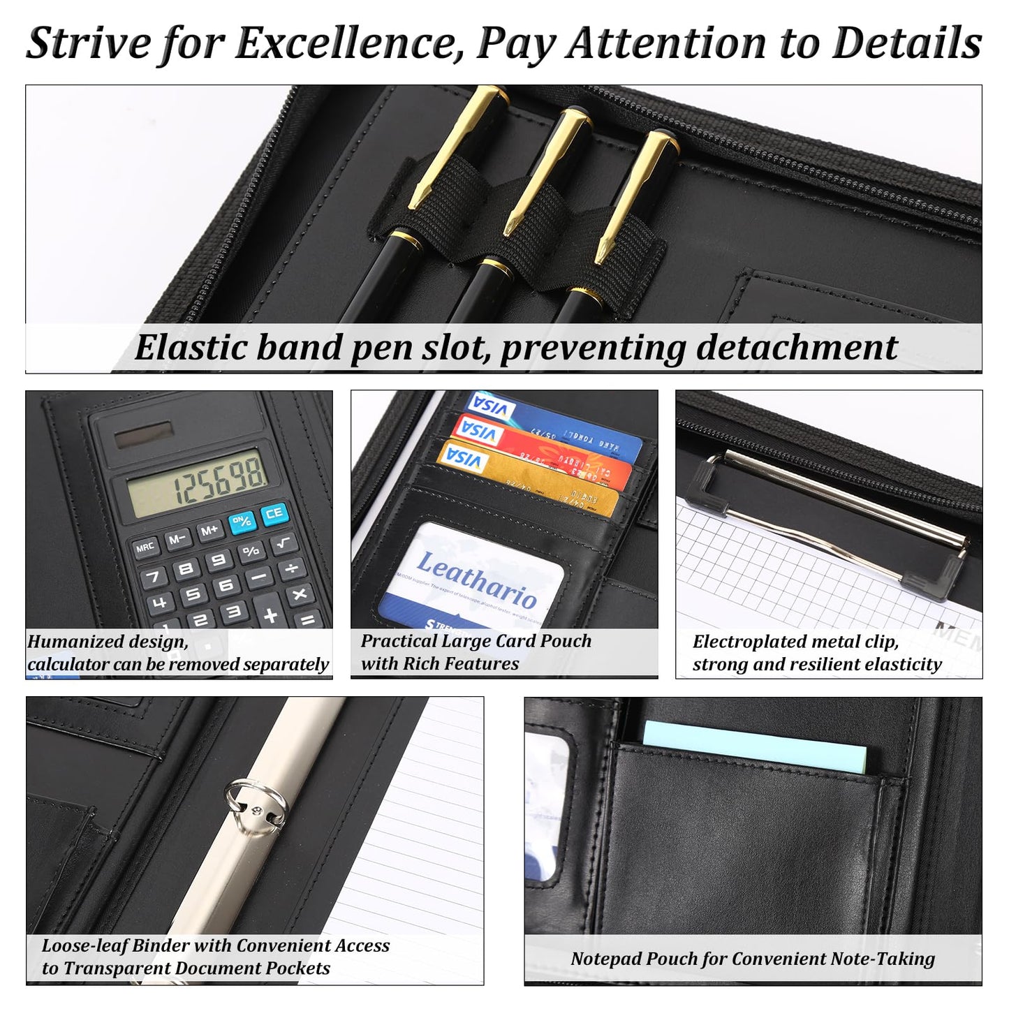 Leathario Portfolio, Vegan Leather 3-Ring Zipper Binder, Includes 10 Clear Sheet Protectors and a Pen, Multi-Pocket A4 Padfolio Folder for Tablets, Files and Business Documents, Office Supplies