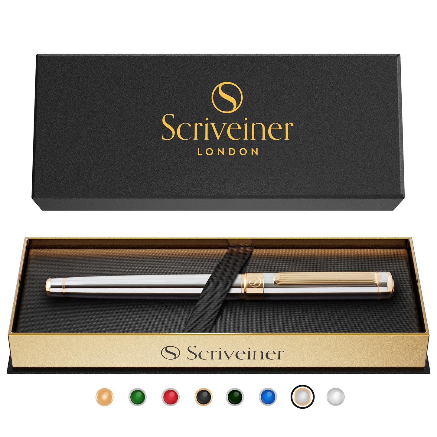 Scriveiner Silver Chrome Rollerball Pen - Stunning Luxury Pen with 24K Gold Finish, Schmidt Ink Refill, Best Roller Ball Pen Gift Set for Men & Women, Professional, Executive Office, Nice Pens