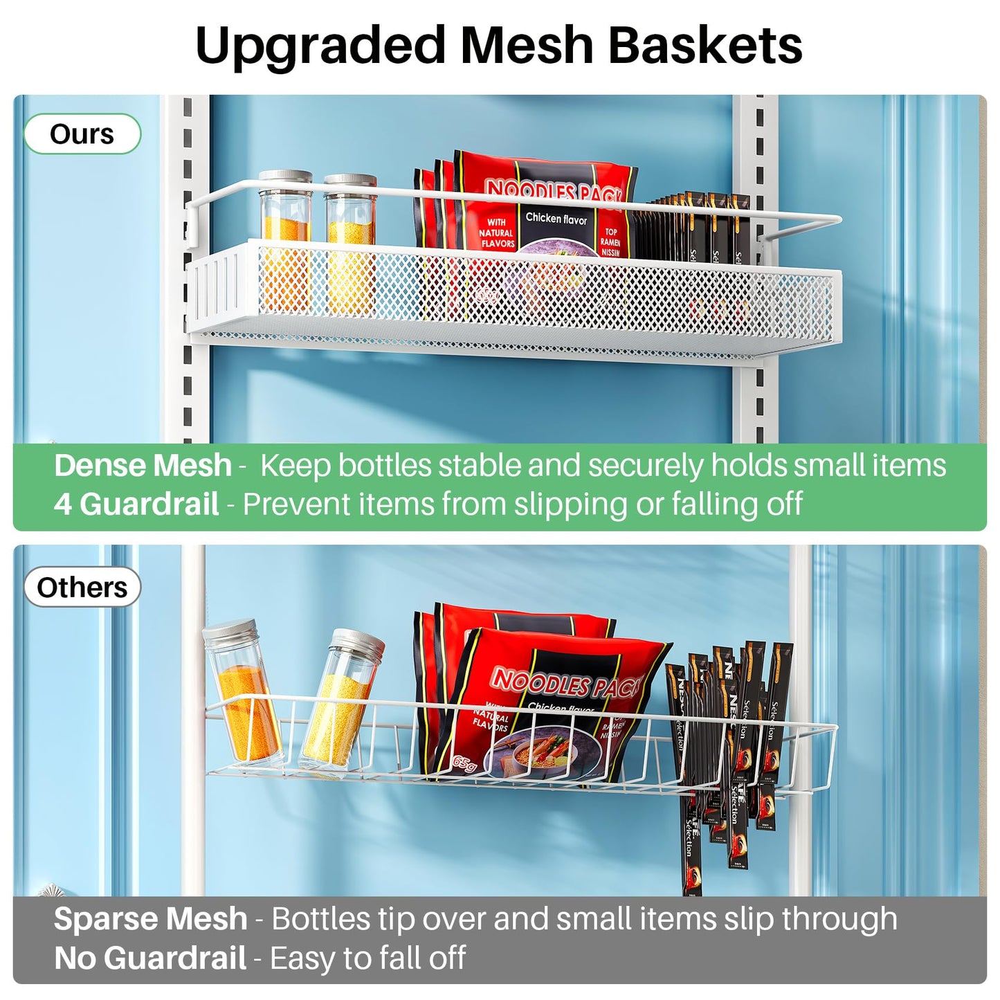 SNTD 8 Tiers Over the Door Organizer - Height Adjustable Pantry Organizers and Storage with Dense Mesh Baskets, Anti-Swing Hanging Door Spice Rack for Kitchen Bathroom (White, 17" W x 6" D x 69" H)