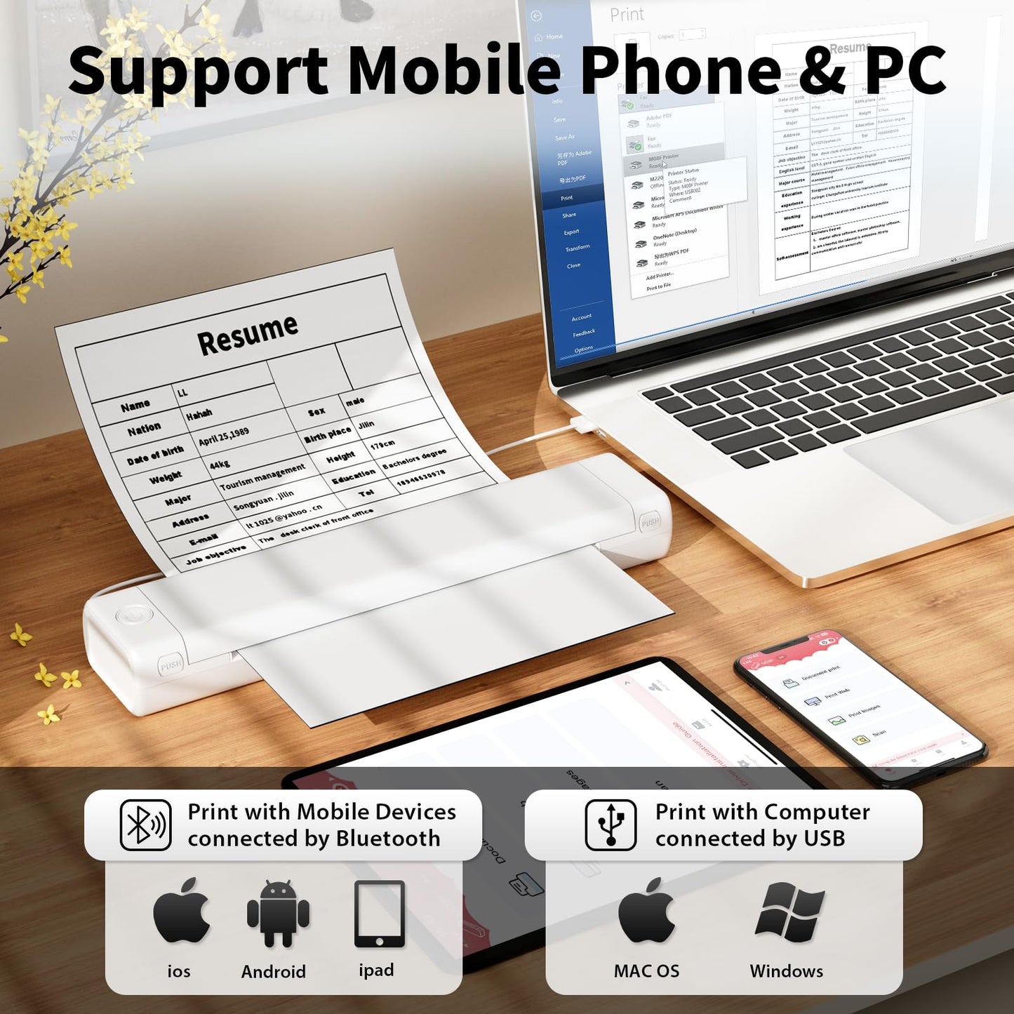Portable Thermal Printer Wireless Travel, Inkless Printer M08F, Bluetooth Mobile Printer Support 8.5" X 11" US Letter, Tattoo Stencil Printer Compatible with Android and iOS Phone & Laptop