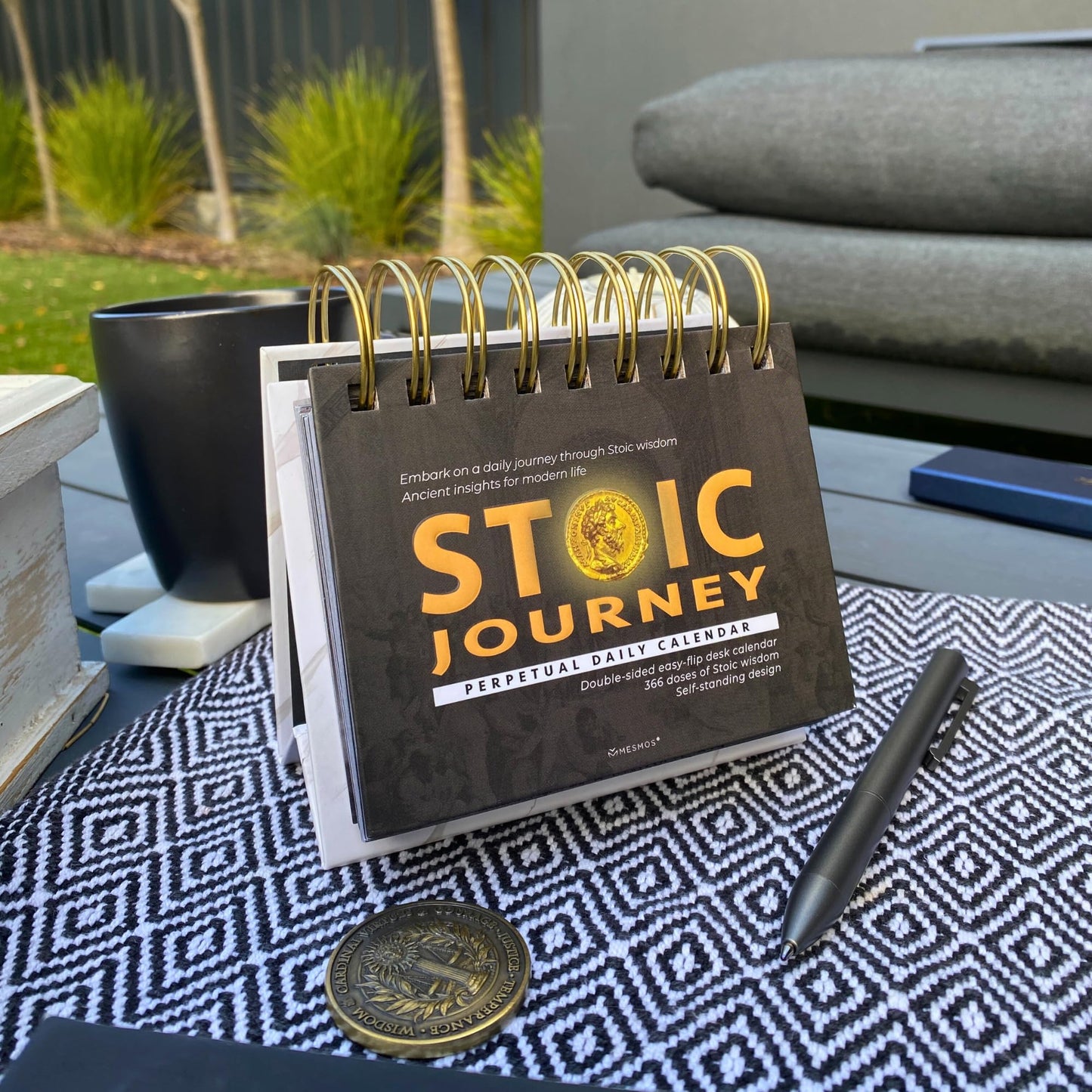 MESMOS 366 Daily Stoic Calendar for Men - Inspirational Gifts with Marcus Aurelius Coin, Perpetual Desk Decor & Affirmations, Fathers Day Gift for Dad, Husband, Coworker, Office Present