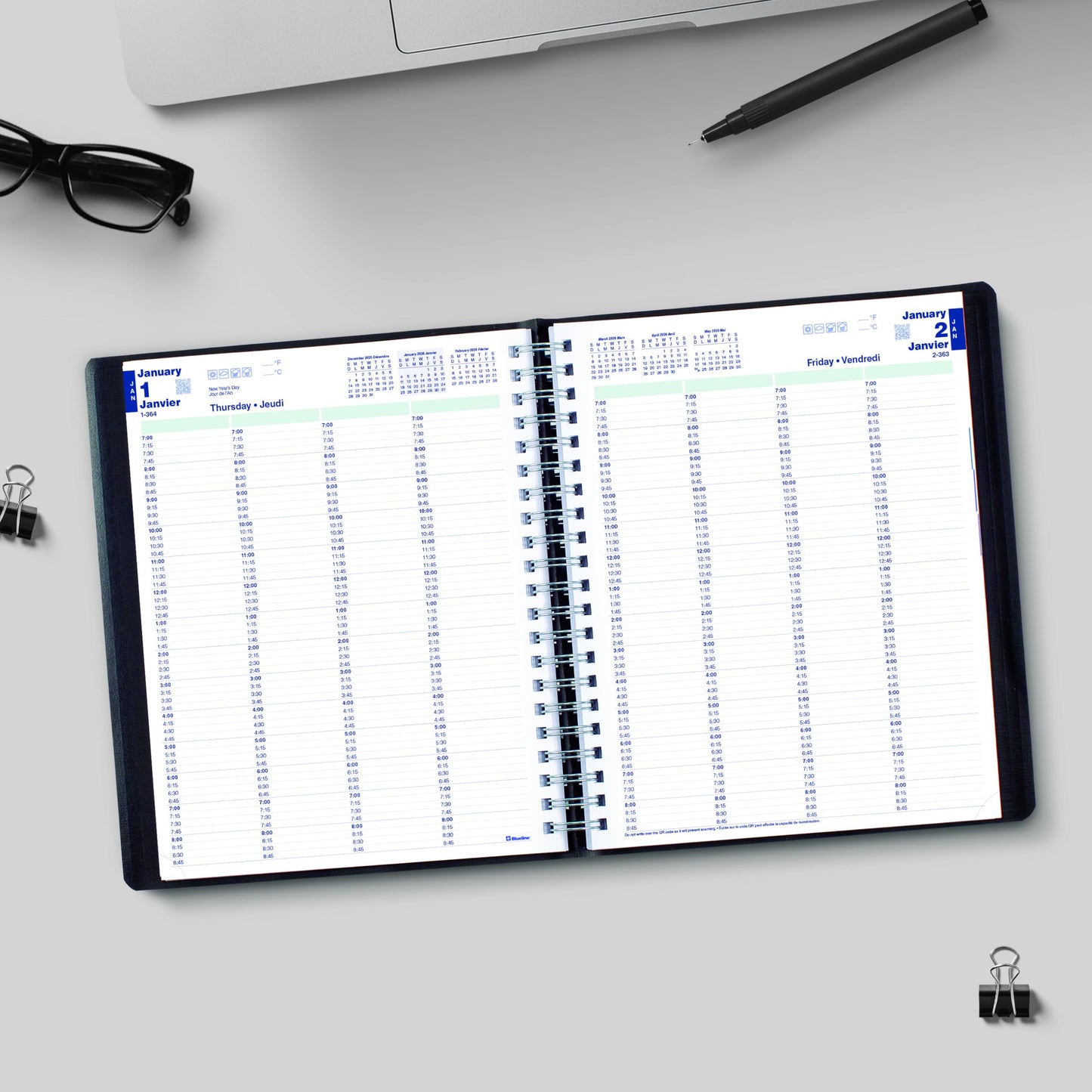 Blueline® 2026 Essential Daily Professional Planner, Four-Person Appointment Book, 12 Months, January to December, Twin-Wire Binding, 11" x 8.5", Black, Bilingual (C960.81BT-26)
