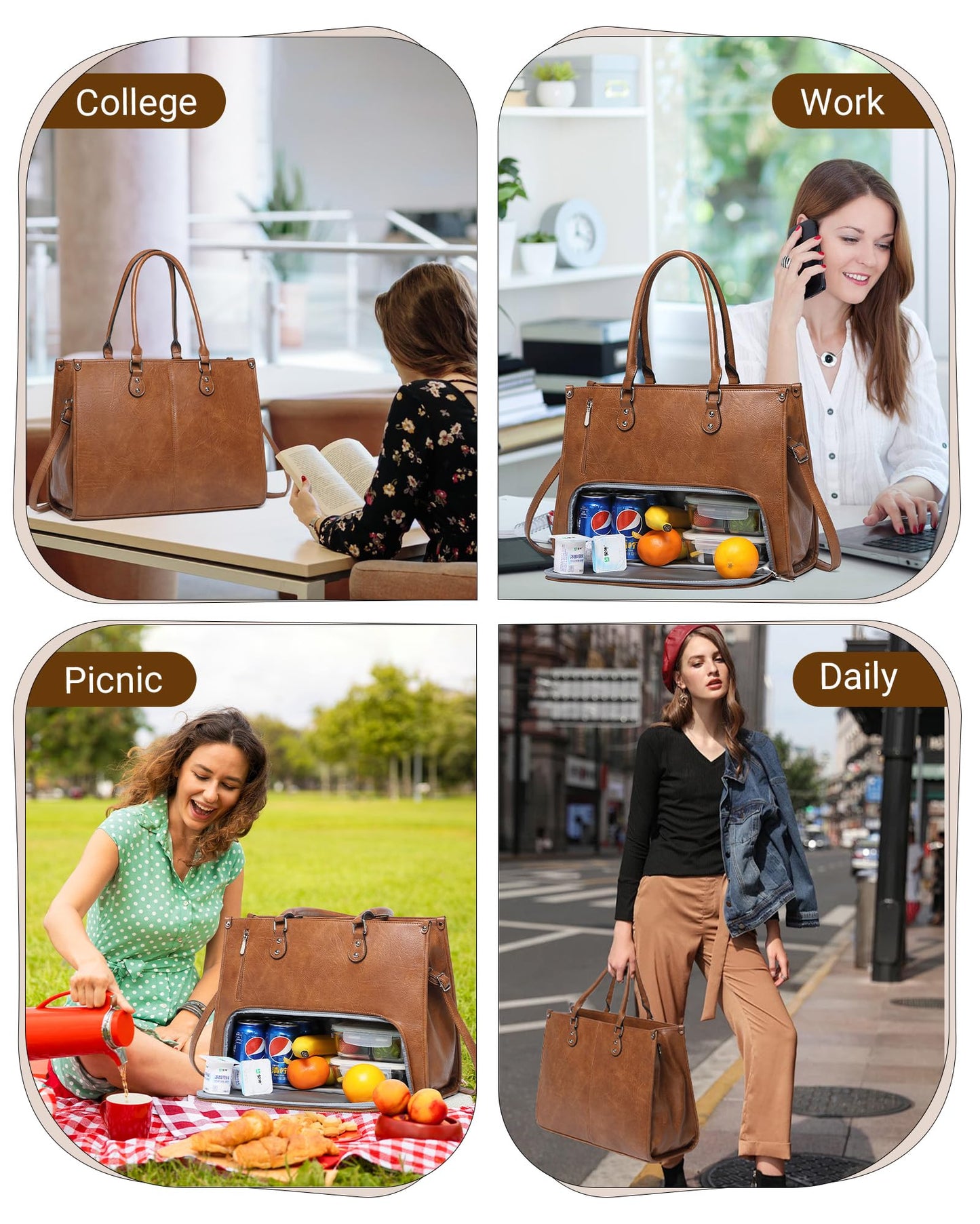 Laptop Tote Bag with Insulated Lunch Compartment for Women Work, PU Leather Lunch Bag with 15.6 Inch Computer Compartment Brown