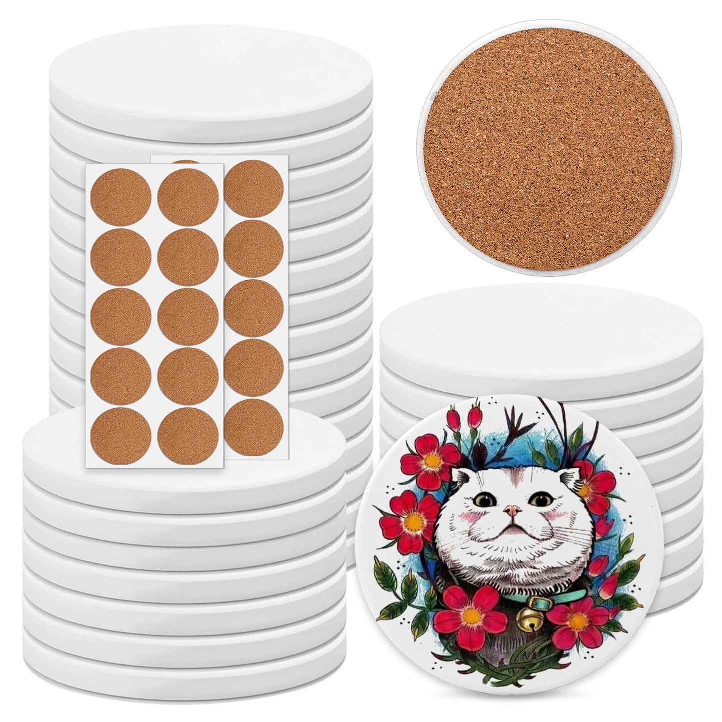 Acrux7 25 Pack Ceramic Coasters 4 Inch Round Sublimation Blanks Coasters White Glossy Glazed Ceramic Tiles with 25 Cork Backing Pads for Sublimation, Ink, Painting, Thermal Transfer, Art Projects