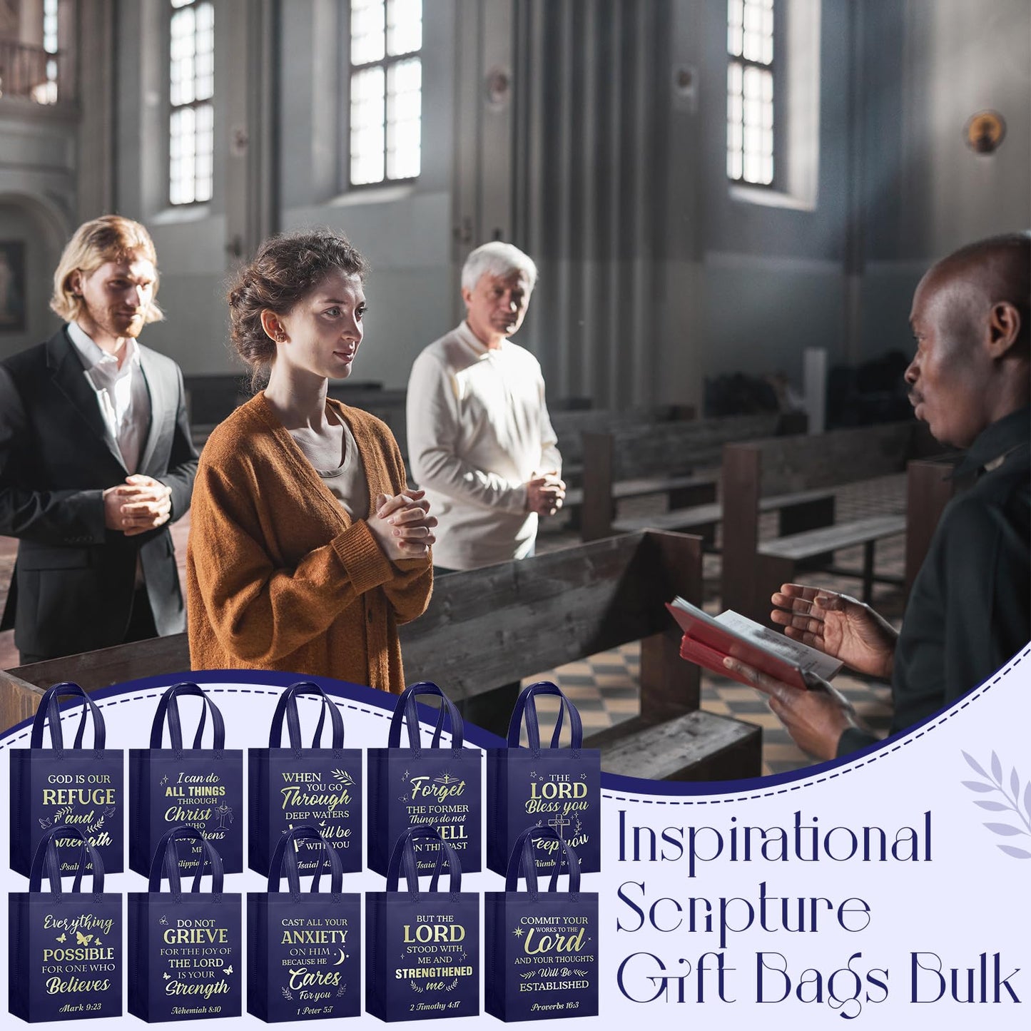 Talltalk 50 Pcs Christian Gift Bag Bulk Reusable Bible Verse Tote Religious Welcome Visitors Church Bags with Scriptures Clergy Pastor Gift for Sunday School Party Favors Christmas(Dark Blue,Medium)