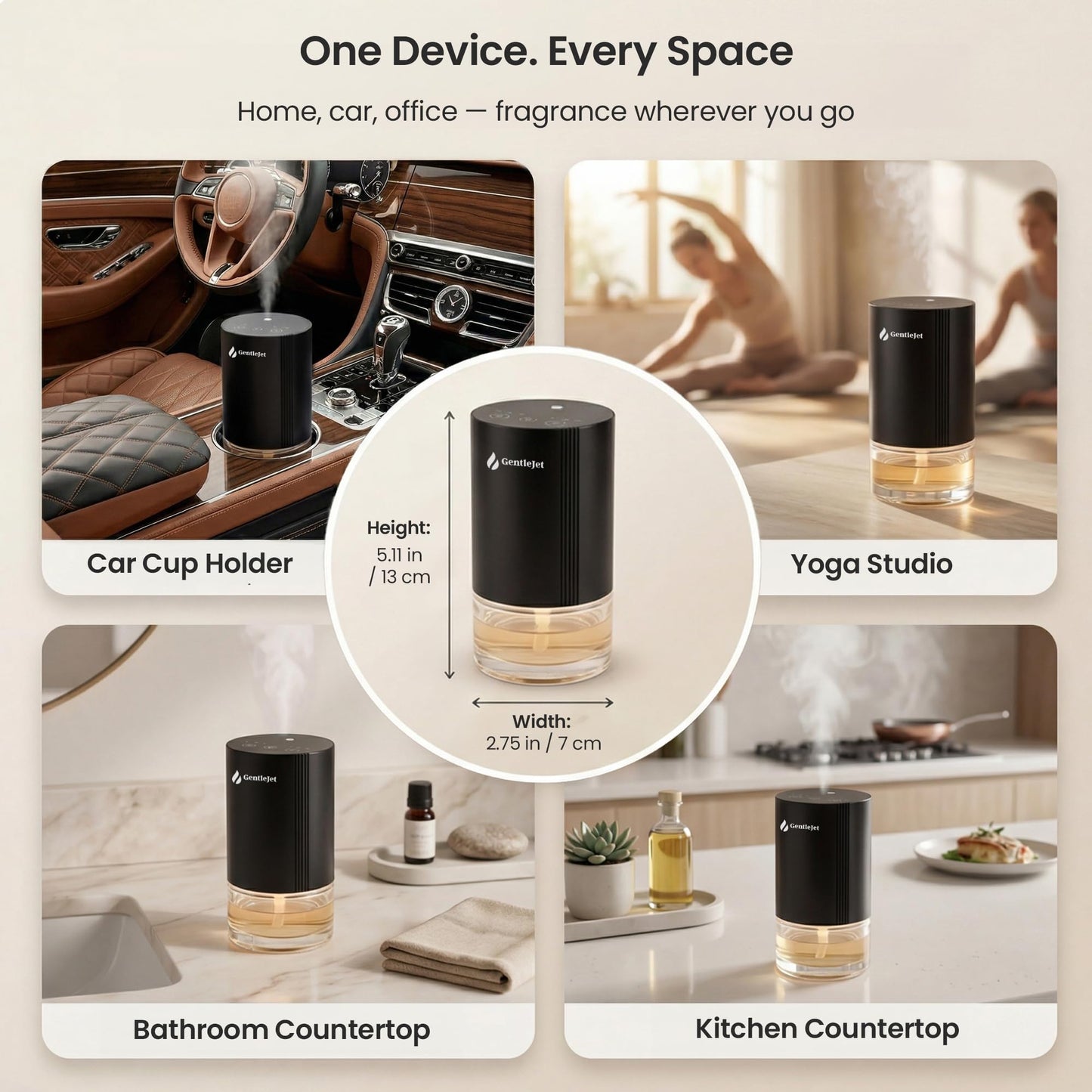 GentleJet SerenityMist Waterless Essential Oil Diffuser, Portable Aromatherapy Diffuser with Rechargeable Battery, Touch Control, Timer, USB-C, Quiet Mini Diffuser for Home, Office & Car (Black)