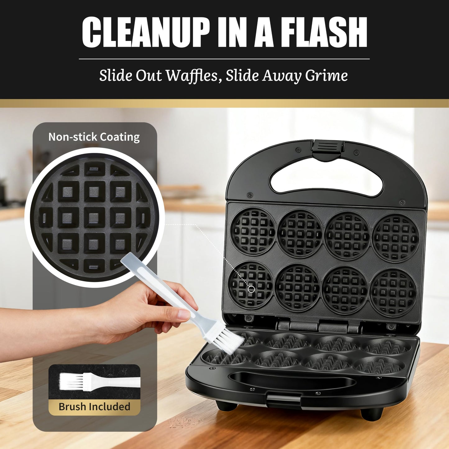FineMade Mini Waffle Maker Machine, Small Waffle Bites Maker for Kids, Makes 8 x 2” Tiny Waffle Bites, Ideal for Breakfast, Snacks, Desserts and More