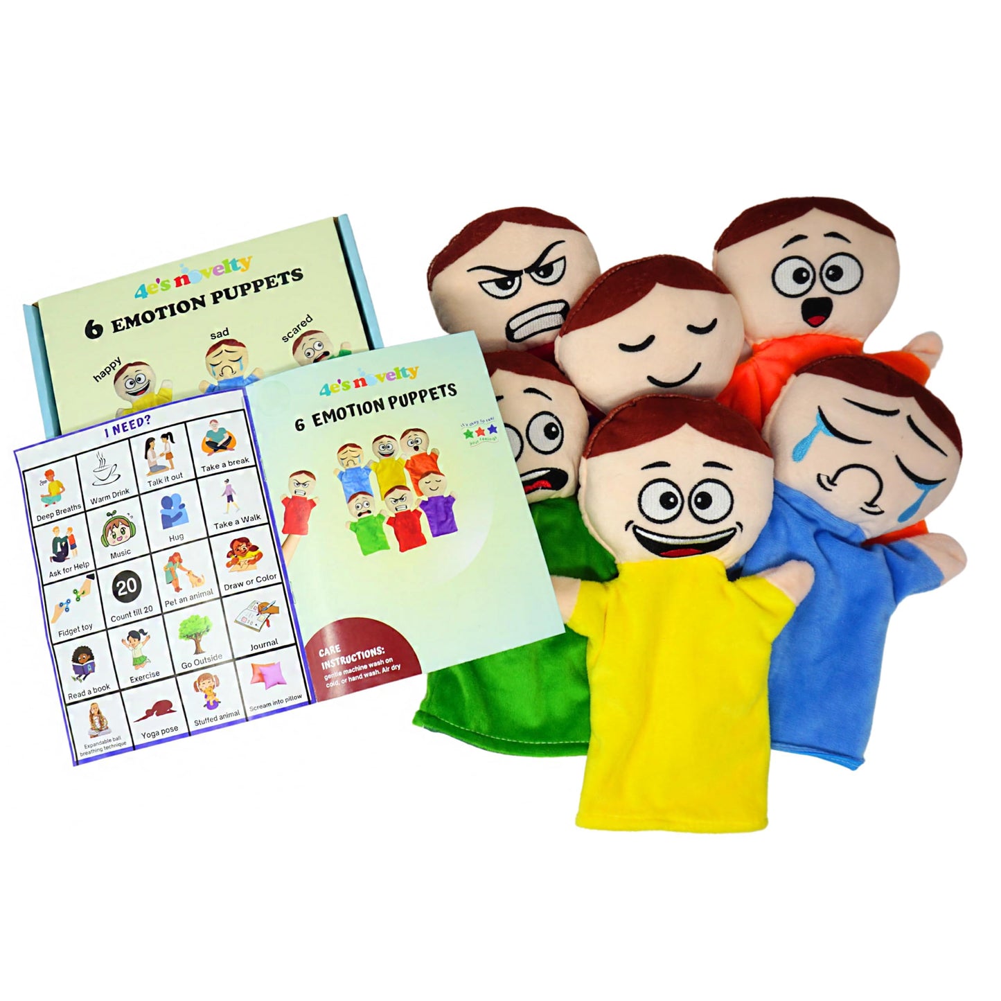 6 Pack Feeling Hand Puppets for Kids with 6 Core Emotions, with Moveable Arms, Soft Plush Hand Puppets for Toddlers, Early Education Toys, Social Emotional Learning Activities by 4E's Novelty