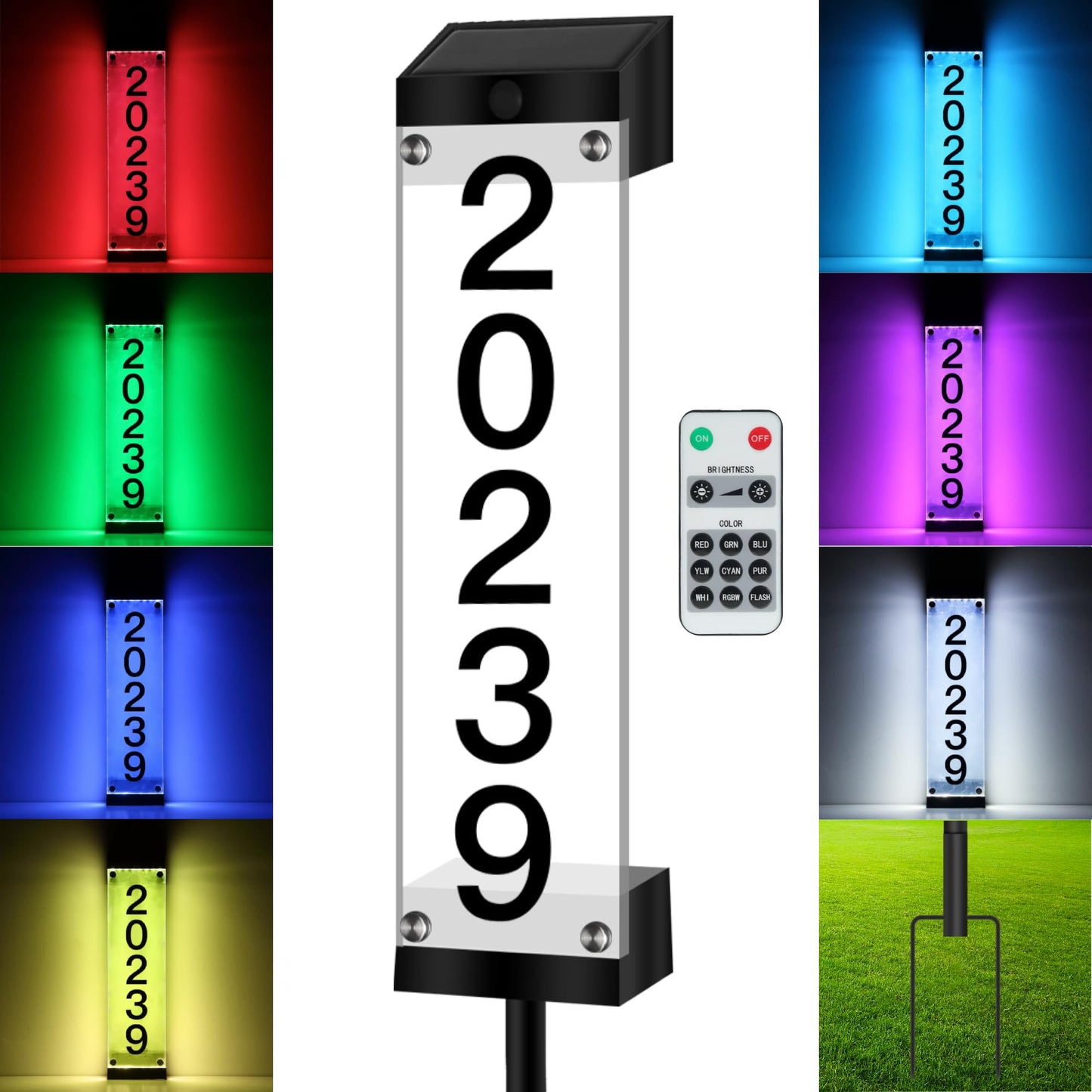 GOSUNWEY Solar House Numbers for Outside, Led Solar Address Sign with Stakes, Waterproof RGBW Lighted House Number Sign, Modern Address Plaque Solar Powered for Yard Home