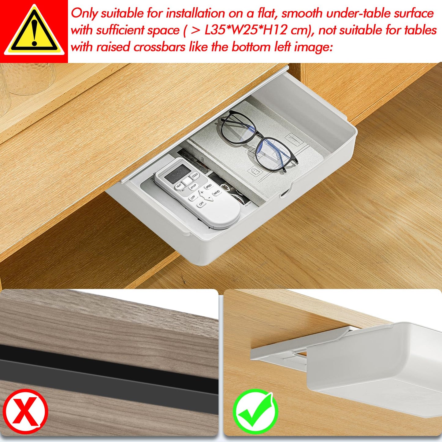 Poeland Under Desk Drawer Self-Stick Storage Organizer for Office Home School Large Size White 2 Pack, A0441-L-2