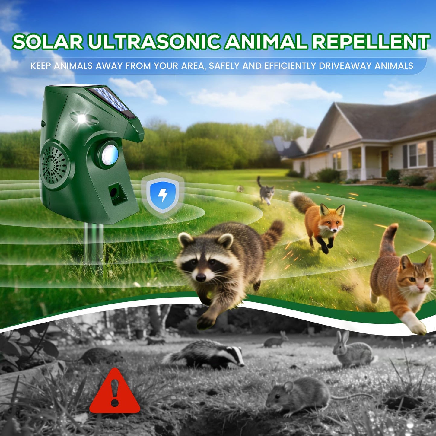 Ultrasonic Animal Repellent Outdoor, Solar Power Cat Rodent Raccoon Repeller, Squirrel Skunk Control Device with Motion Sensor and FIashing Light, Waterproof Rabbt Snake Deterrent for Outdoor