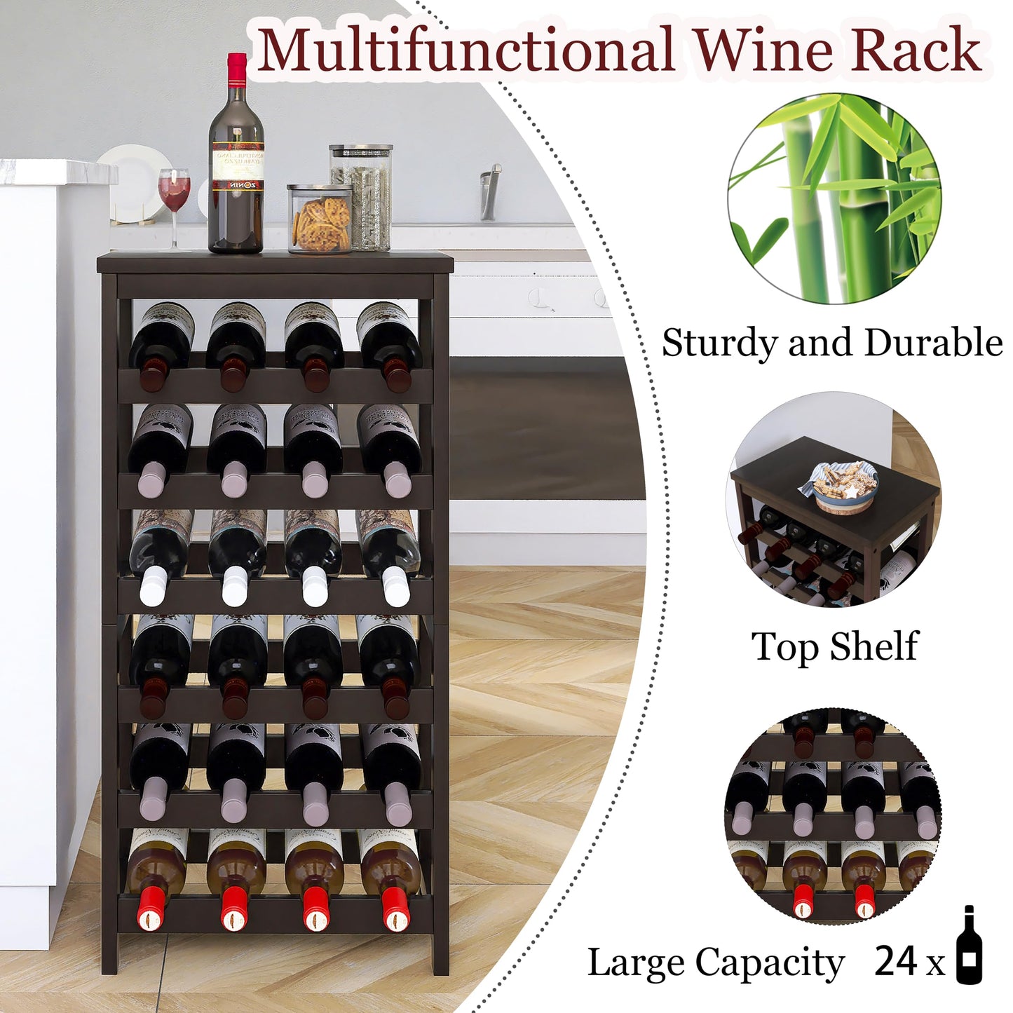 STELLSTAR 24 Bottle Wine Rack Freestanding Floor, 6 Tier Wine Display Storage Shelves with Tabletop, Bamboo Wine Bottle Holder Stand with Wave Bars for Kitchen Dining Room Pantry, Black
