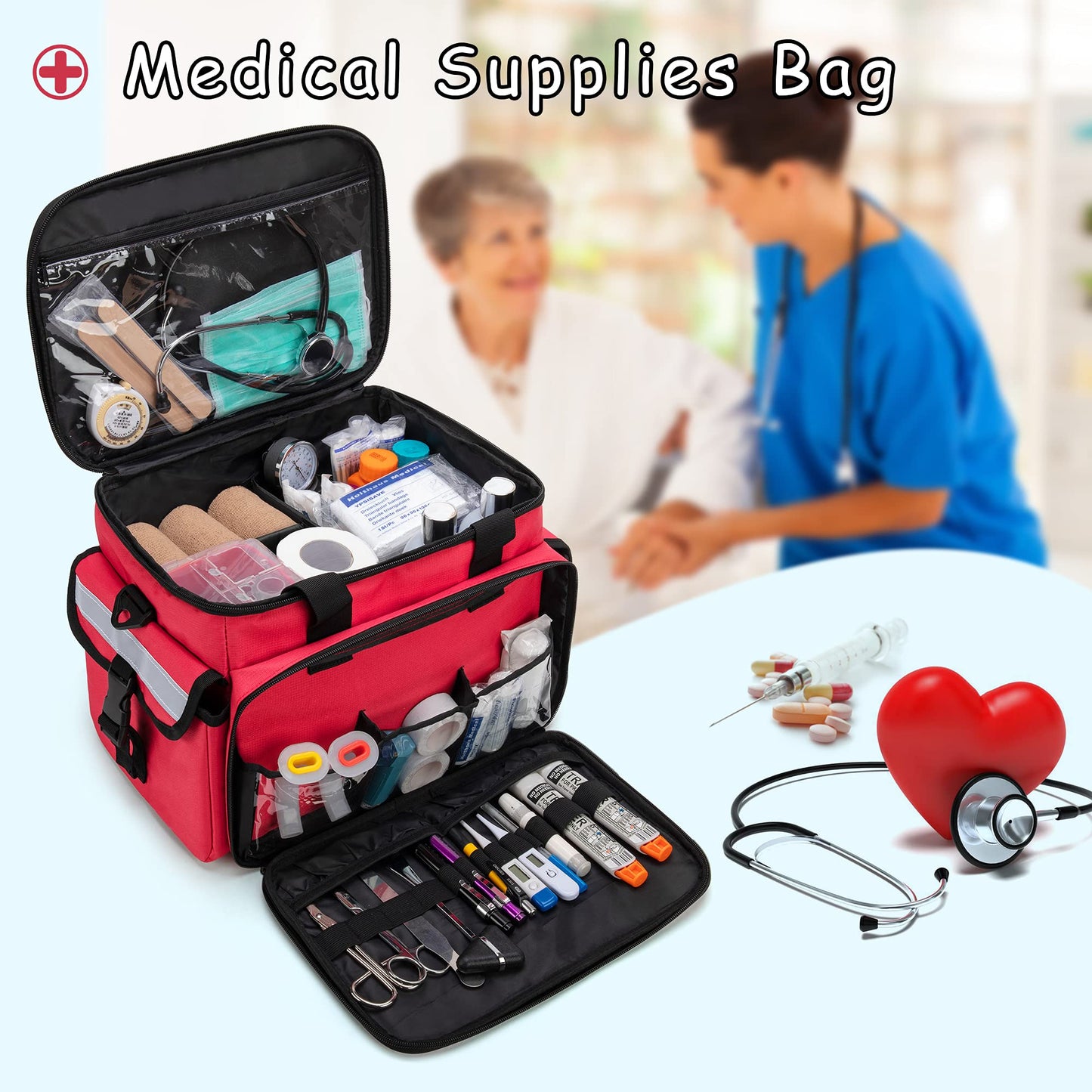 CURMIO Emergency Medical Supplies Bag, Home Health Aid Bag with Shoulder Strap and 2 Detachable Dividers for Nurse, Doctors, Home Health Staffs, Not Include Accessories, Empty Bag, Red