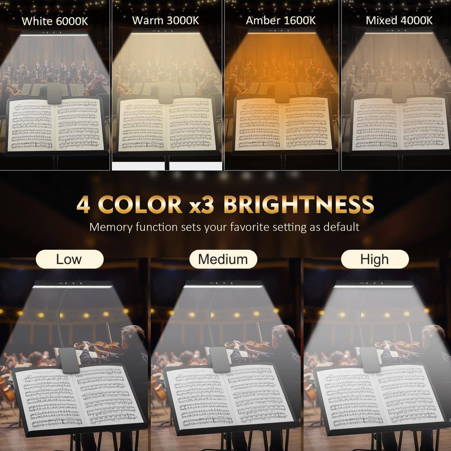 Professional 47 LED Rechargeable Music Stand Light - 1/2 Pack Eye Caring Clip on Piano Lights, 4 Color & 3 Brightness, USB-C, up to 110 Hrs Runtime, Portable Lamp for Musician, Piano, Reading