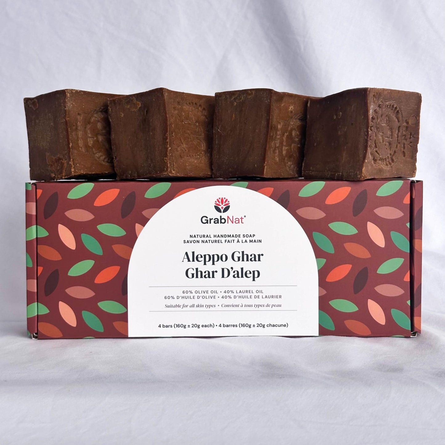 4-Pack Ghar Soap | Handmade, All-Natural, Traditional | Pure Olive Oil & Laurel Oil Soap | Savon Alep | Suitable for Face, Body | Long-Lasting & Gentle Cleanser (4 x 160g) (Laurel 40%)