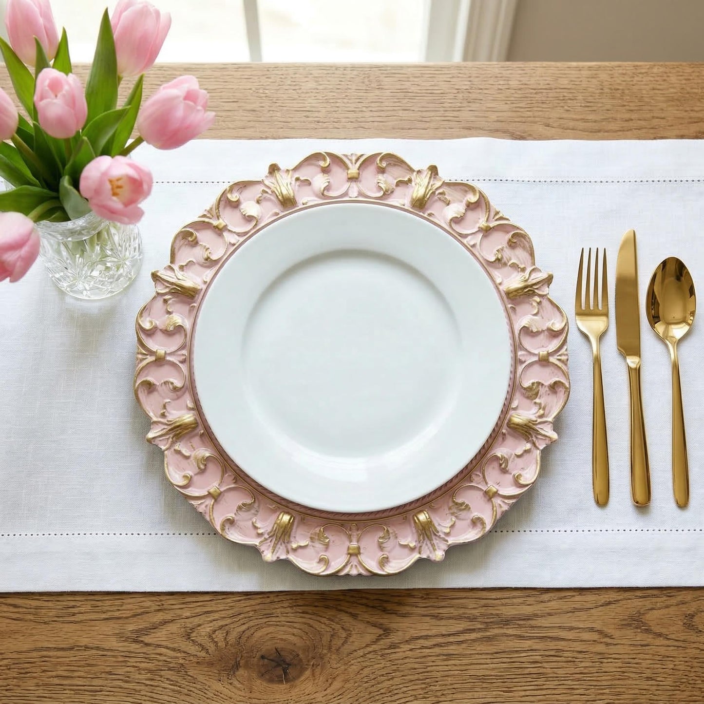 UOEKCS Pink Charger Plates, 13 Inch Plate Chargers for Dinner Plates. Set of 6 Plastic Embossed Charger for Dinner, Party, Wedding.