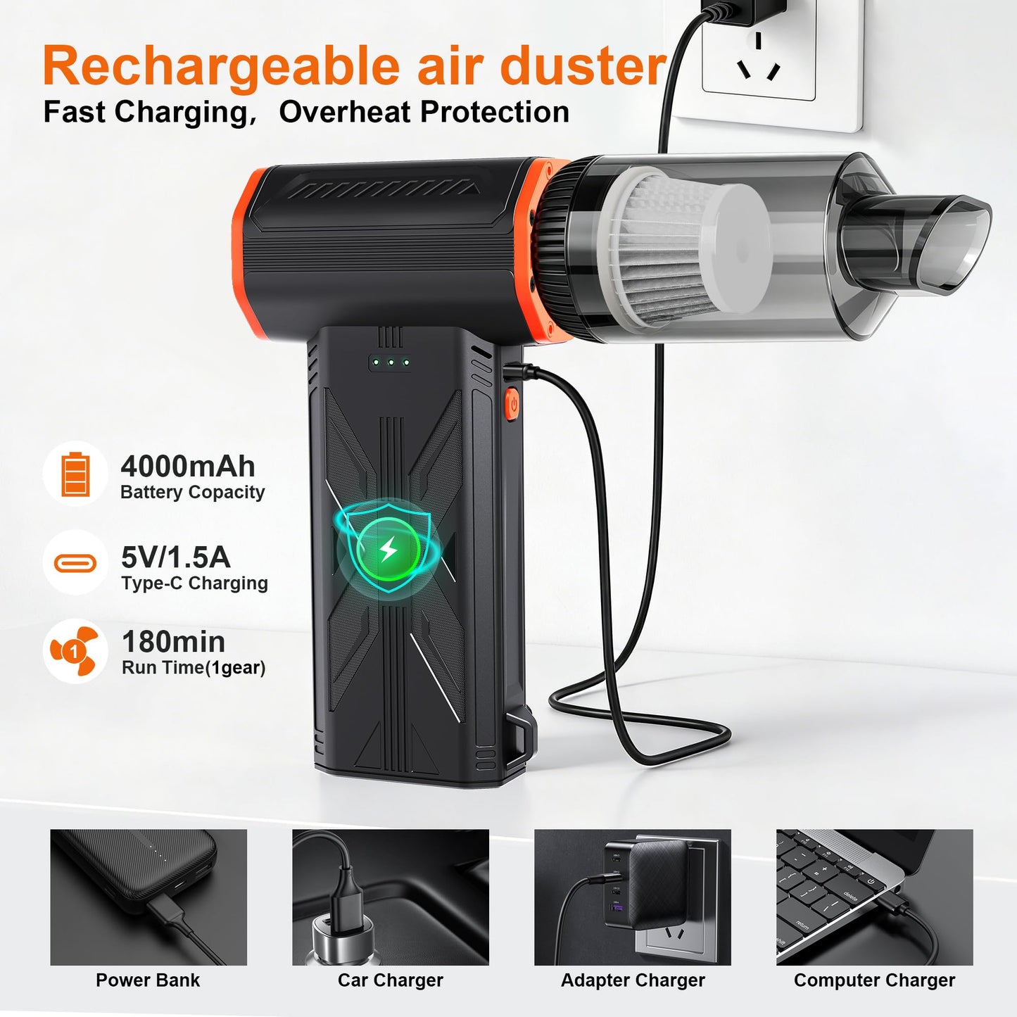 JUFINX F32MAX Compressed Air Duster-150000RPM Super Power Electric Air Duster and Vacuum Cleaner & Bag Vacuum Sealer 3-in-1，for PC Keyboard Cleaning, Car Interior Cleaning.
