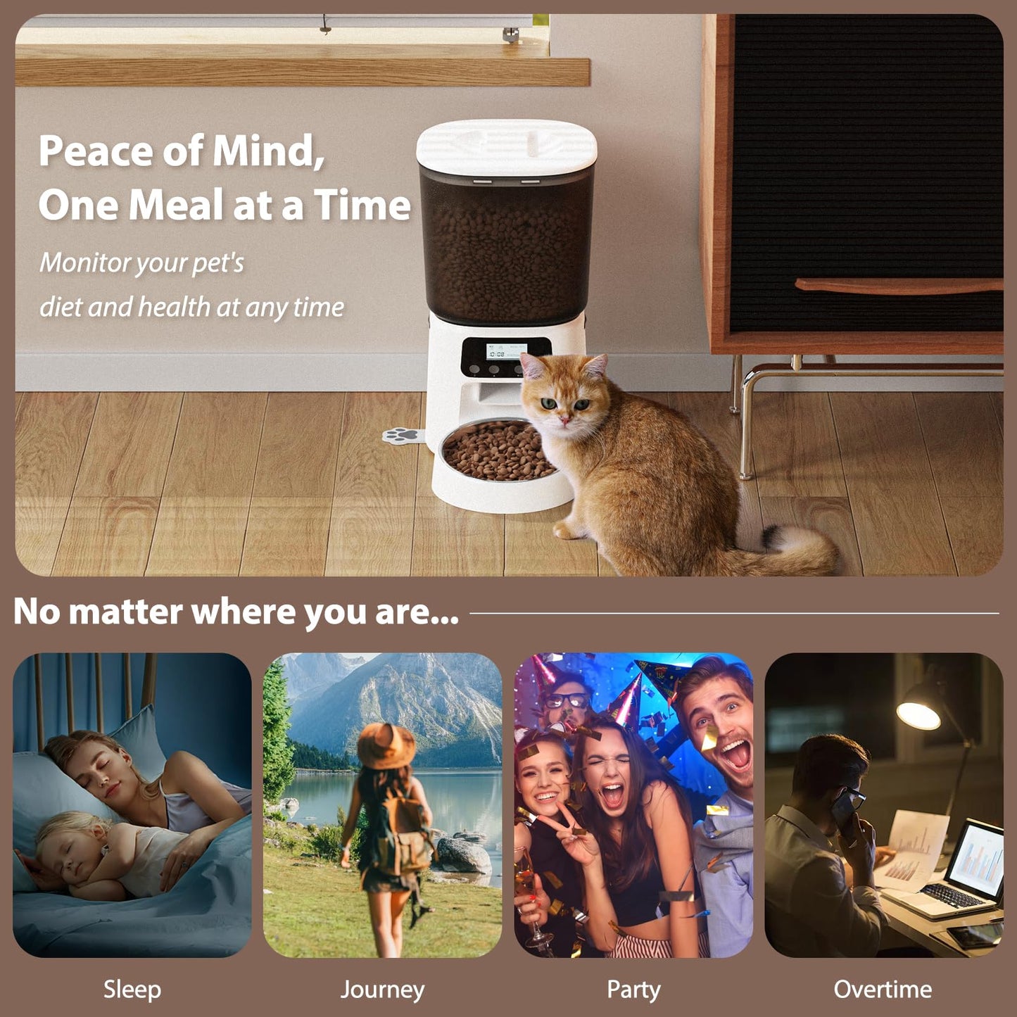 Automatic Cat Feeder, 4L Timed Cat Dry Food Dispenser, Pet Feeder up to 6 Meals and 30 Portions per Day, 10S Voice Record, Dual Power Supply, Non-Slip Base, Auto Pet Feeder for Cats and Small Dogs