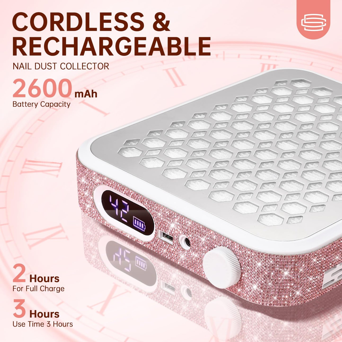 CHRISTINE SHELLY Nail Dust Collector, Rechargeable Dust Collector Nail Tech, Powerful Vacuum Fan Vent Dust Collector Extractor Dust Suction Machine for Acrylic Nails Polishing, Nail Salon&Home, Pink