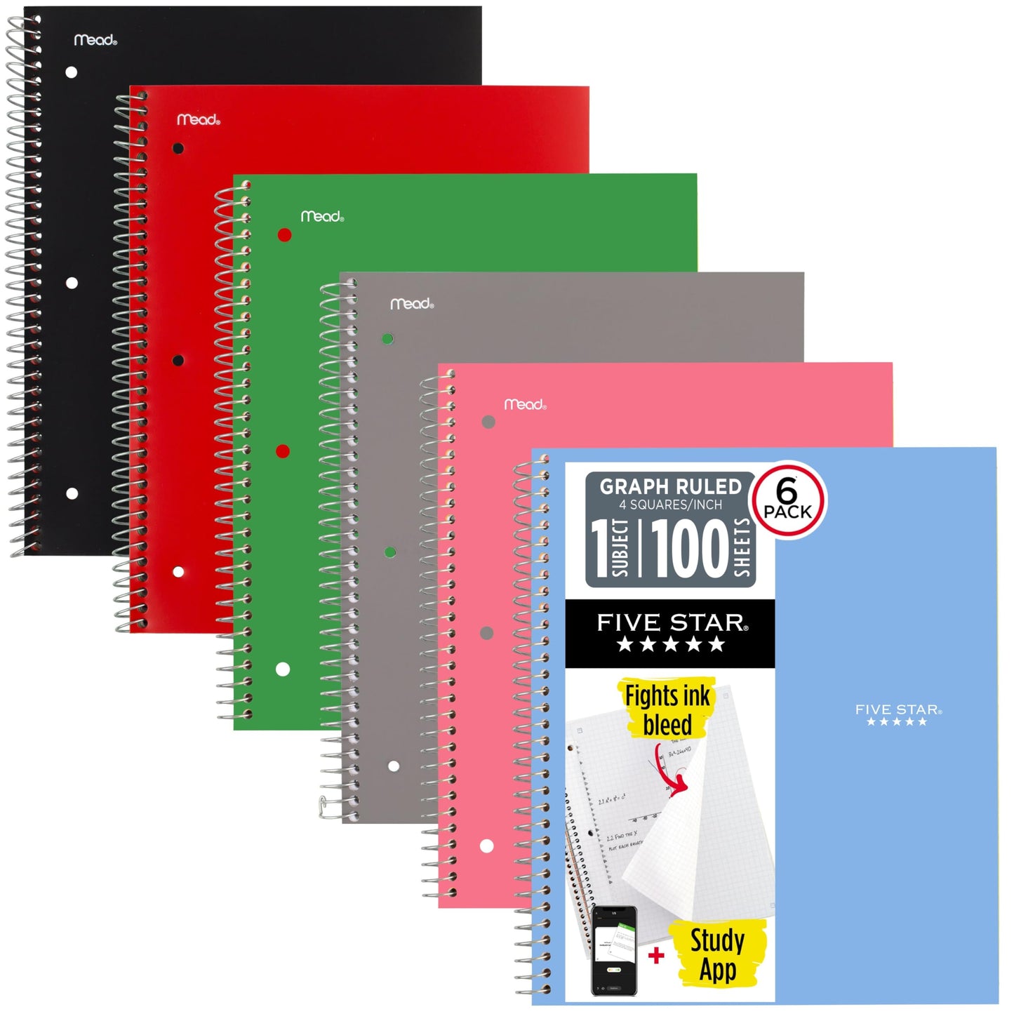 Five Star Spiral Notebook, 1 Subject, Graph Ruled Paper, 100 Sheets, 11" x 8-1/2", Black, Red, Lime, Cobalt Blue, Royal Purple, White, 6 Pack (73549)