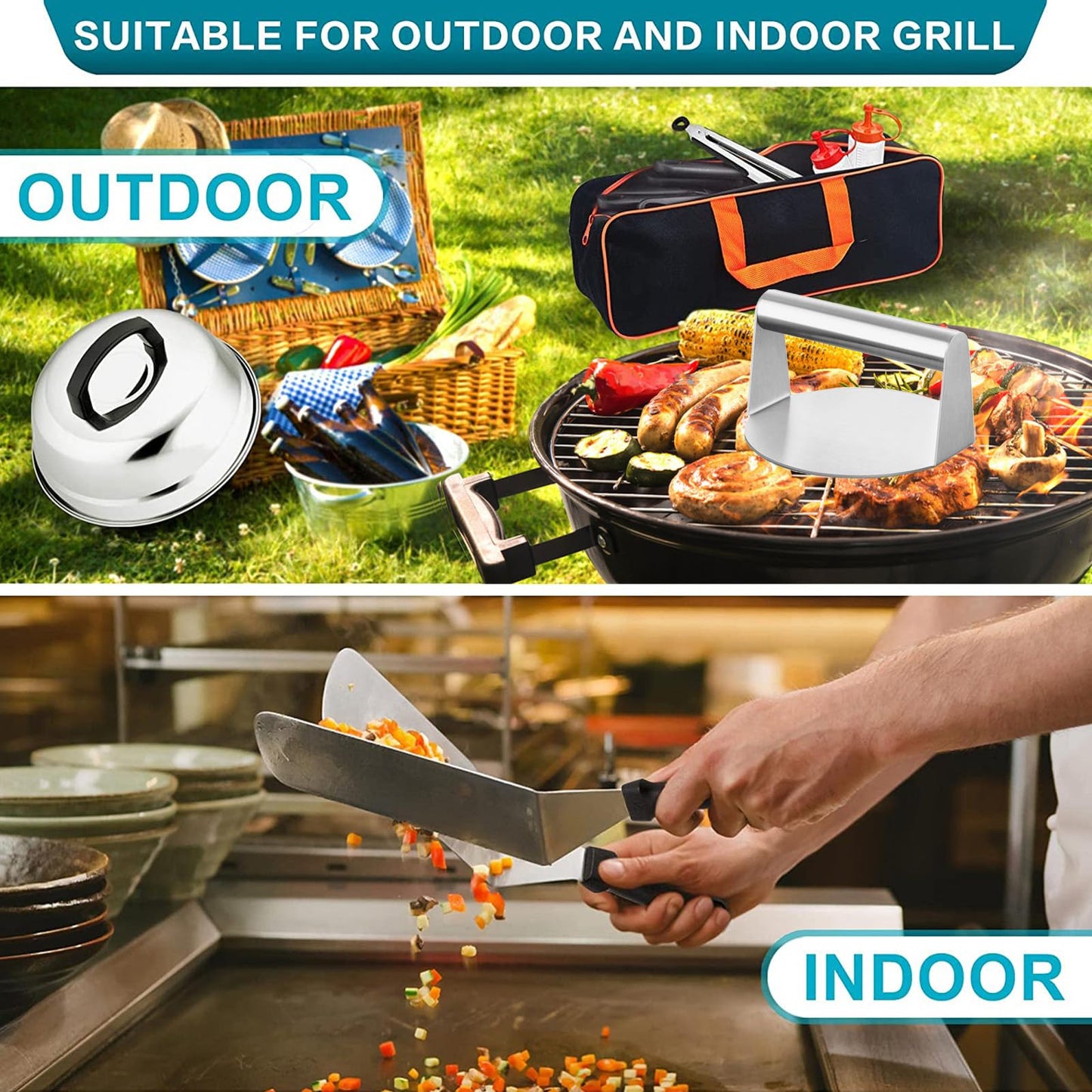 Leonyo 14 Pack Grill Accessories, Stainless Steel BBQ Grill Accessories, Griddle Spatulas, Scraper, Press, Tongs, Brush, Bottles, Hooks, Screwdriver, Carry Bag