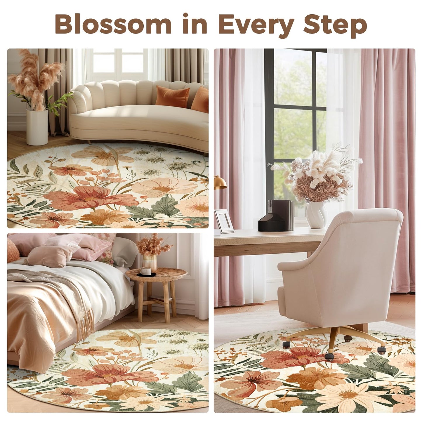 jinchan Floral Round Rug 4ft Area Rug Indoor Circle 4' Round Washable Modern Oriental Flower Print Non Slip Carpet for Living Room Dining Room Bedroom Entryway Office Decor Pink/Grey