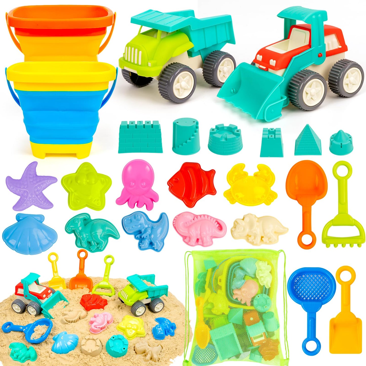 Beach Toys Play Sand Set Sandbox with 2 Cars 2 Collapsible Sand Buckets, Shovel, Rake, Sand Castle Kit, Animal Molds and Mesh Bag, Travel Toys for Kids Toddlers Boys Girls Age 3-10