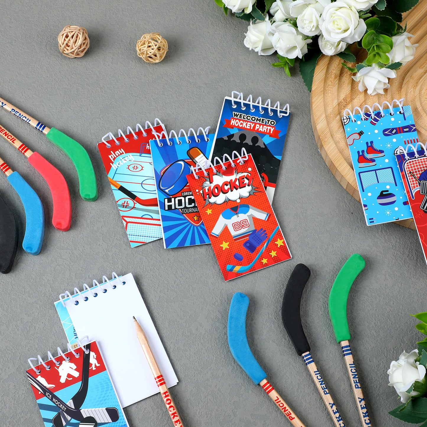 Kisston 48 Pcs Hockey Party Favors Include 24 Mini Notebooks Sports Notepads and 24 Pencils with Eraser Hockey Favors Pencils Gifts for Teacher Office Reward