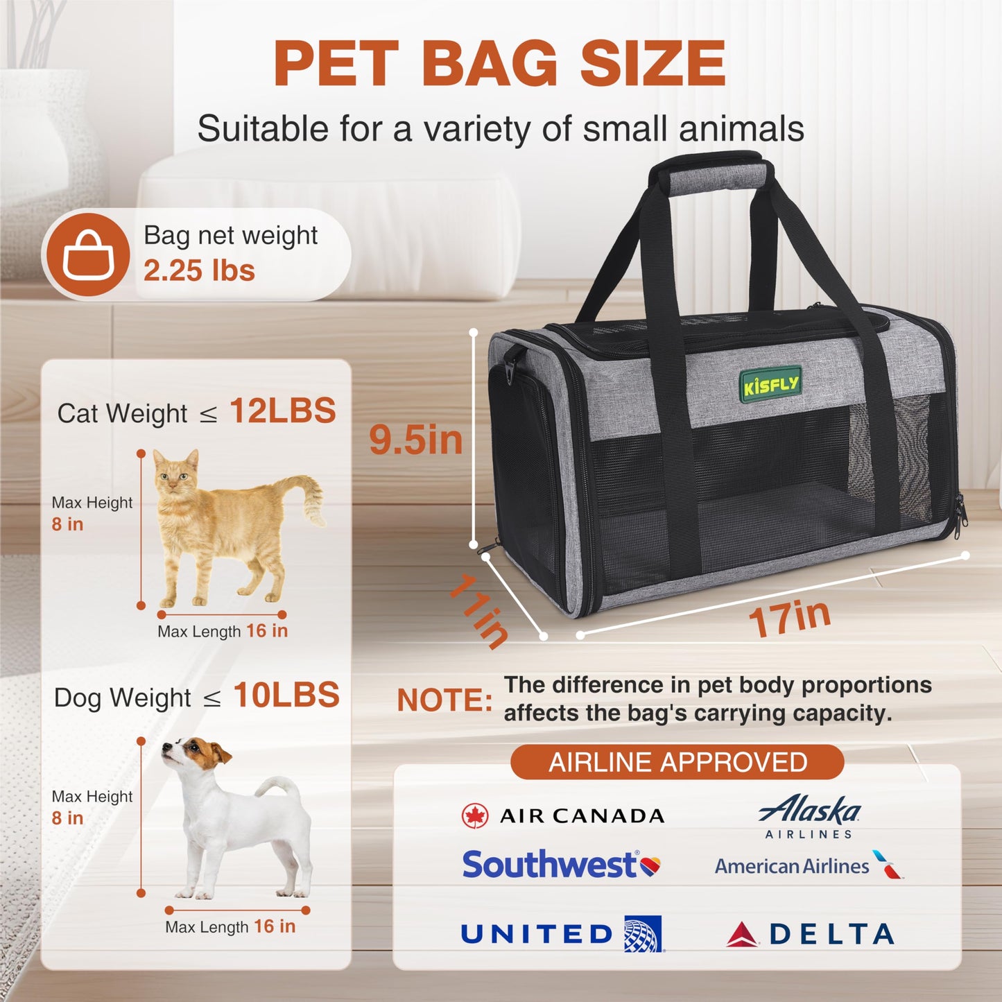 TSA Approved Pet Carrier in Cabin – Portable Travel Bag with Litter Box for Cats, Small Dogs, Kittens, Puppies & Rabbits (17"x11"x9.5"), for Pets up to 12 lbs, Gray