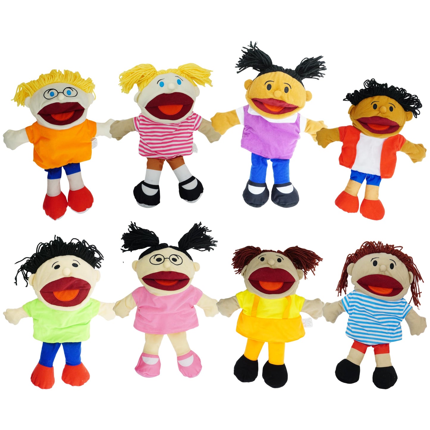 8 Hand Puppets for Kids, Multicultural Puppets with Movable Mouth (8 Pack) Bulk Soft Plush Puppets, School Home Puppet Theater Shows Toys, Teachers Classroom Supplies