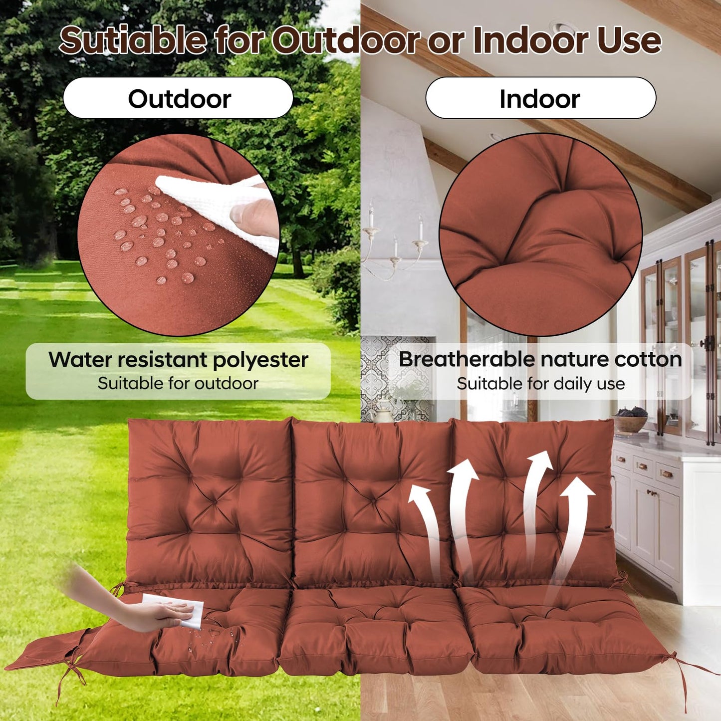 FAMIROSA 3 Seater Porch Swing Cushions, Thick 60 x 40 x 4in Outdoor Swing Cushion with 8 Straps, Water Resistant 3-seat Replacement Cushion for Patio Swing Chair Bench Couch Outside Furniture, Brown