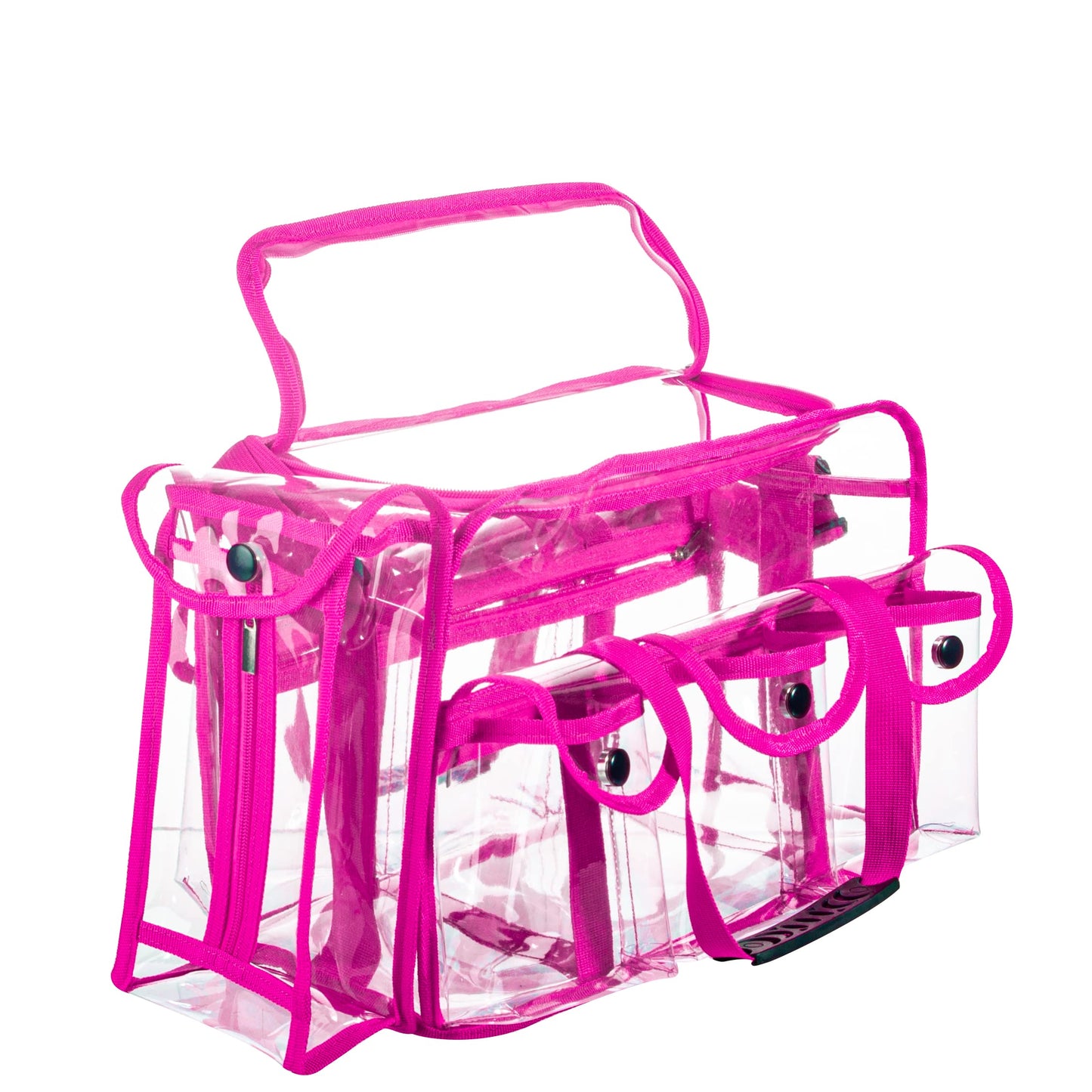 Wide Mouth Large Professional Clear PVC Travel Makeup Artist Set Bag Cosmetic Nails Beauty Bag Transparent Vinyl Tool Organizer Work Bag Beach Bag Diaper Bag with 6 External Pockets & Strap, Pink