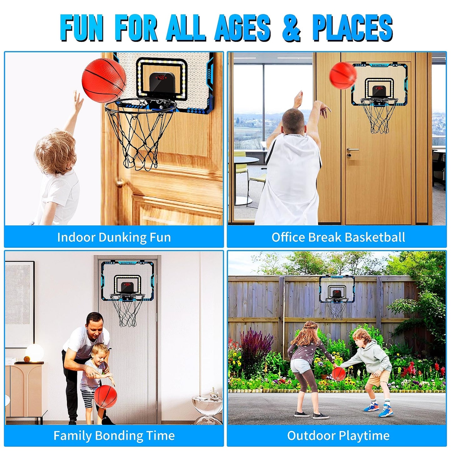 BATURU Indoor Mini Basketball Hoop with Interactive LED Lighting & Electronic Scoreboard, Over The Door Basket Ball Hoops with 3 Balls and Pump, Sports Toys Gifts for Boys 5-12 Kids, Teens