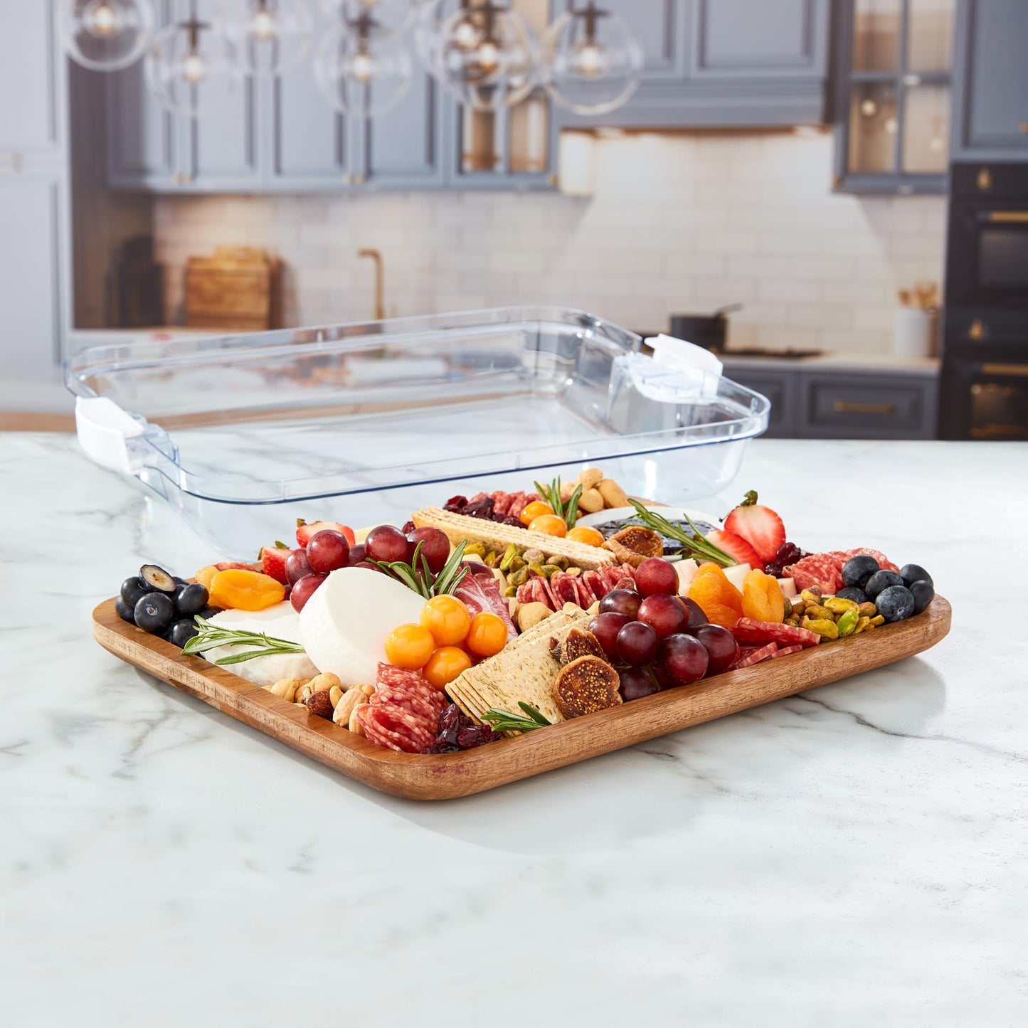 FARBERWARE Build-A-Board Acacia Cutting Board with Built-in Storage Compartments, Clear Locking Lid & White Handles, Great for Charcuterie & Snacks