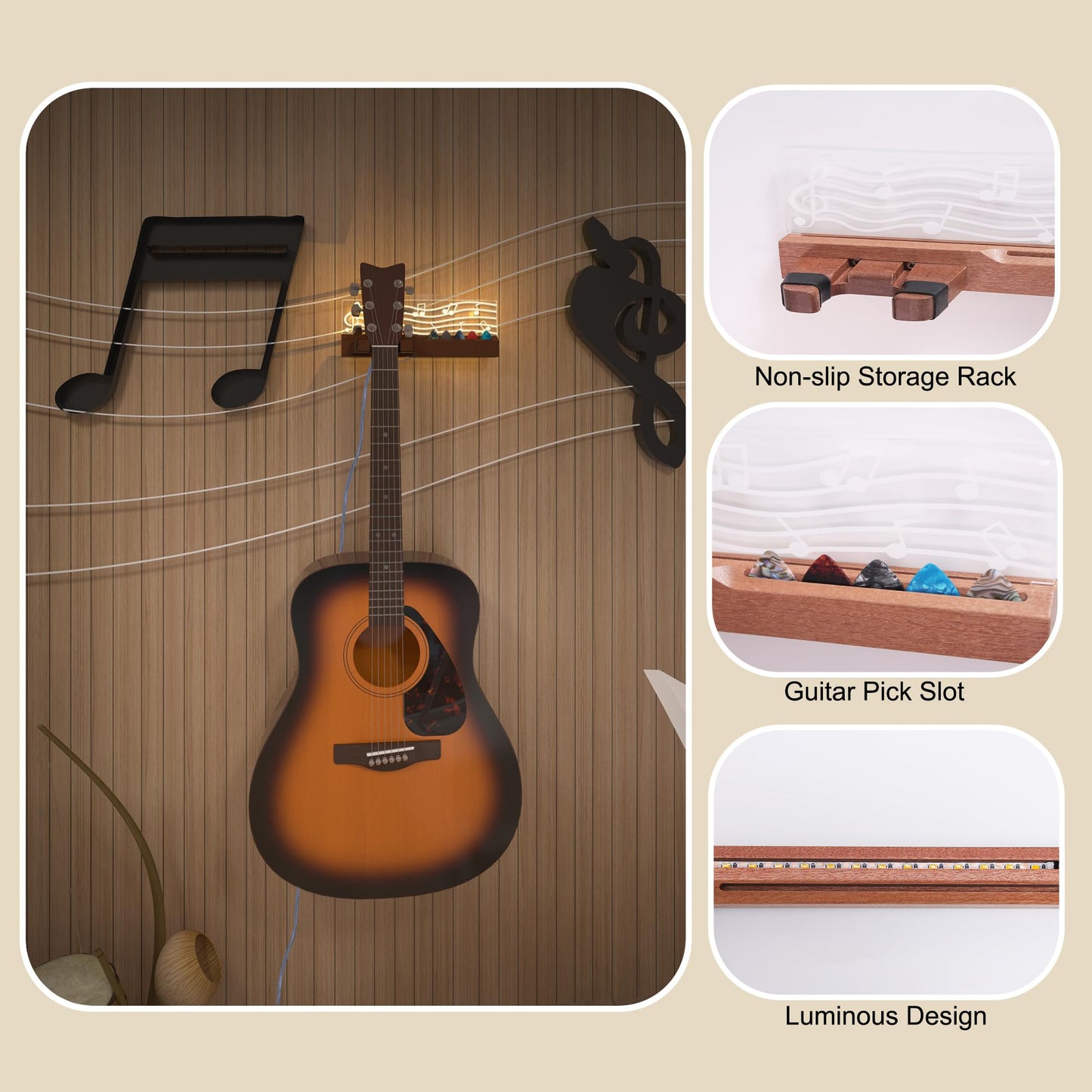 YuanDian Light Up Guitar Wall Mount with Pick Holder, LED Wooden Guitar Hanger USB Powered for Acoustic, Electric, Bass, Ukulele, Mandolin Display and Storage,Gifts for Guitar Players Men
