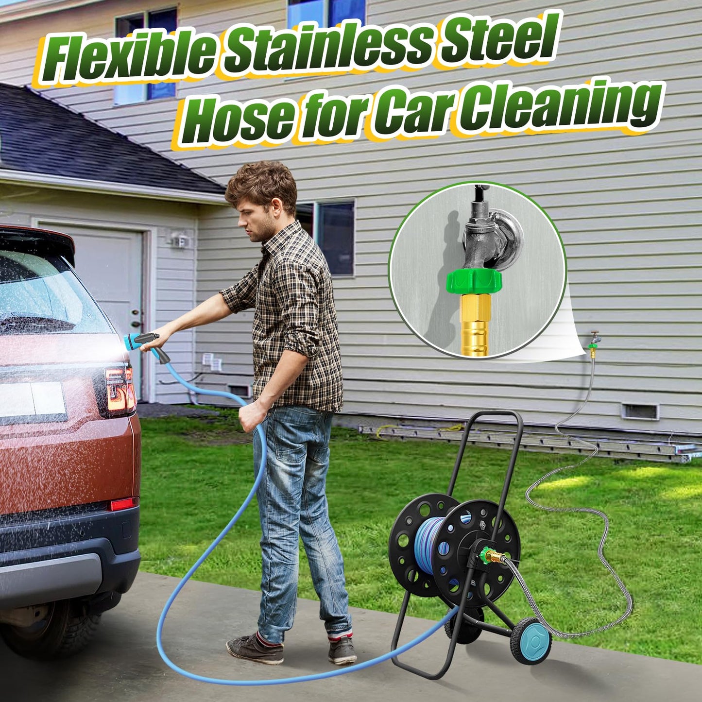 Female to Female Leader Hose for Hoses Reel, 10ft Metal Leakproof Short Garden Hose Connector, Heavy Duty 304 Stainless Steel Flexible Water Pipe for Outdoor Garden Watering Car Pet Cleaning