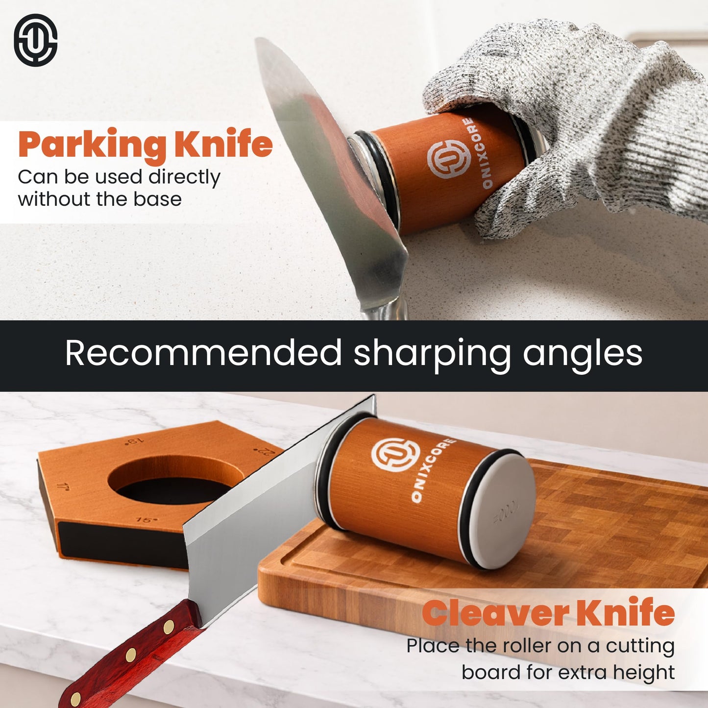 Onixcore Kitchen Knife Sharpening Kit - Rolling Knife Sharpener 5 Angles (12,15,17,19,22°) - 5 Sided Rolling Knife Sharpener with Replacement Discs and Gloves - Rolling Sharpener for Knives