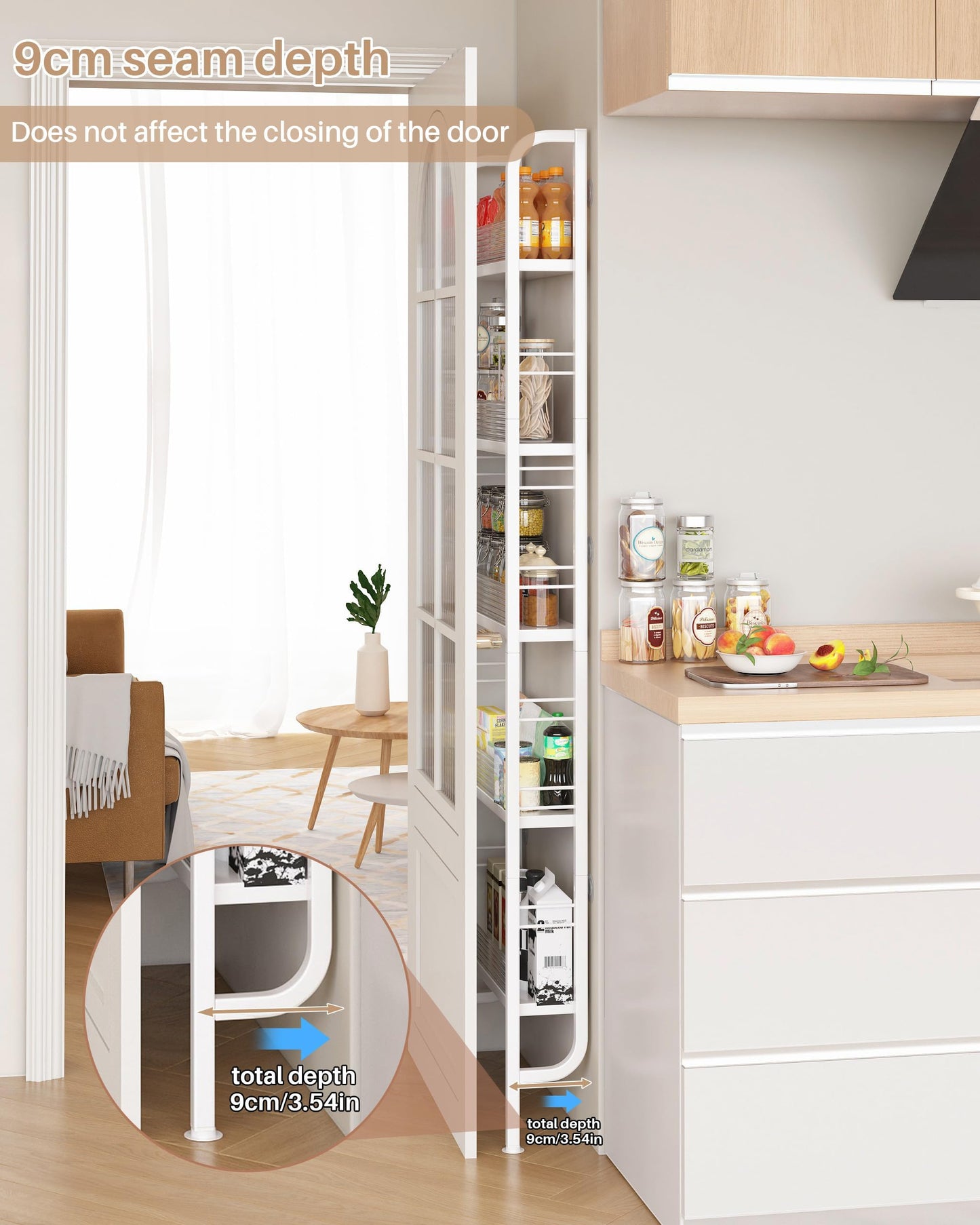 Ornestia Behind Door 5-Tier Narrow Metal Storage Shelf, Tall Slim Freestanding Bathroom Organizer Rack, Space Saving Shelving Unit Bookshelf for Kitchen Washroom Laundry Pantry White