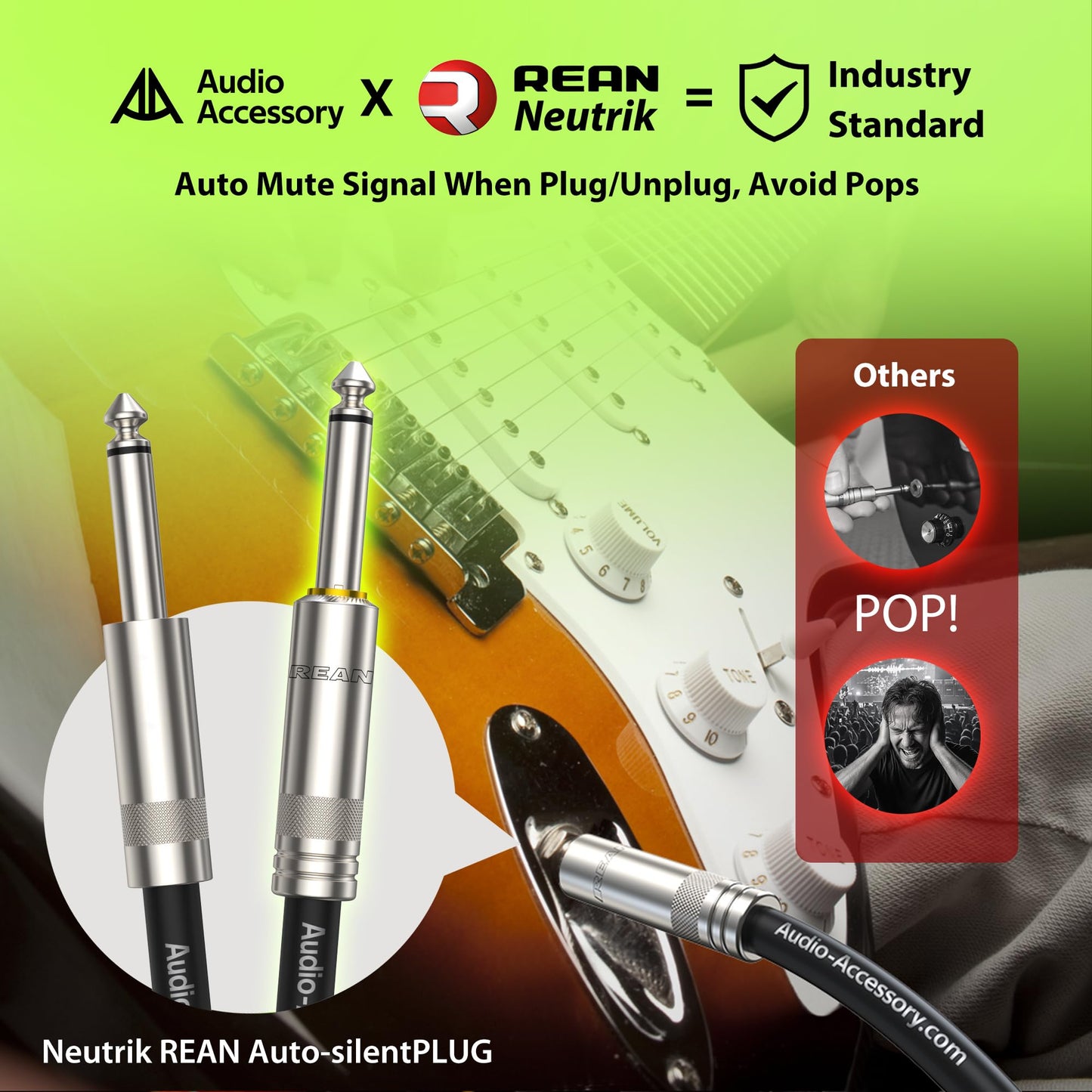 AA AUDIO ACCESSORY Silent Guitar Cable 15 ft, Neutrik REAN silentPLUG, Kevlar-Reinforced Nylon Braided Anti-Kinking, Auto Mute 20 AWG 99.99% OFC 1/4 Instrument Cable, Shielded Amp Cord for Bass Guitar