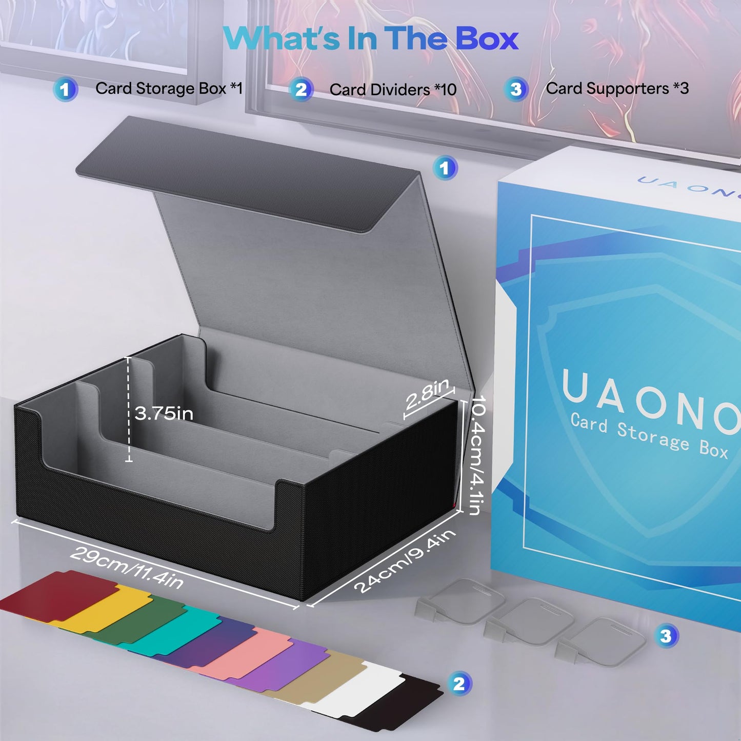 UAONO Trading Card Storage Box, Holds 1800+ Sleeved Cards with 10 Dividers & 3 Stoppers, Card Organizer for TCG/Magic/Mtg storage and Collection, 3-Row Black&Gray
