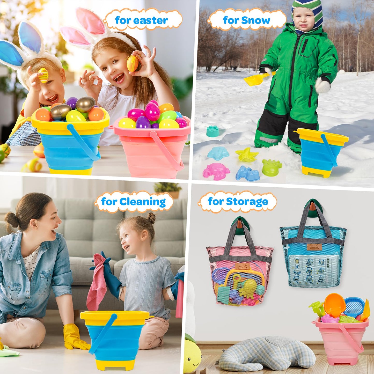 Kids Beach Sand Toys with 2 Collapsible Buckets Animal and Castle Play Sand Molds 2 Mesh Beach Shell Bags, Shovels Set Travel Sandbox Toys for Toddler Ages 3-10