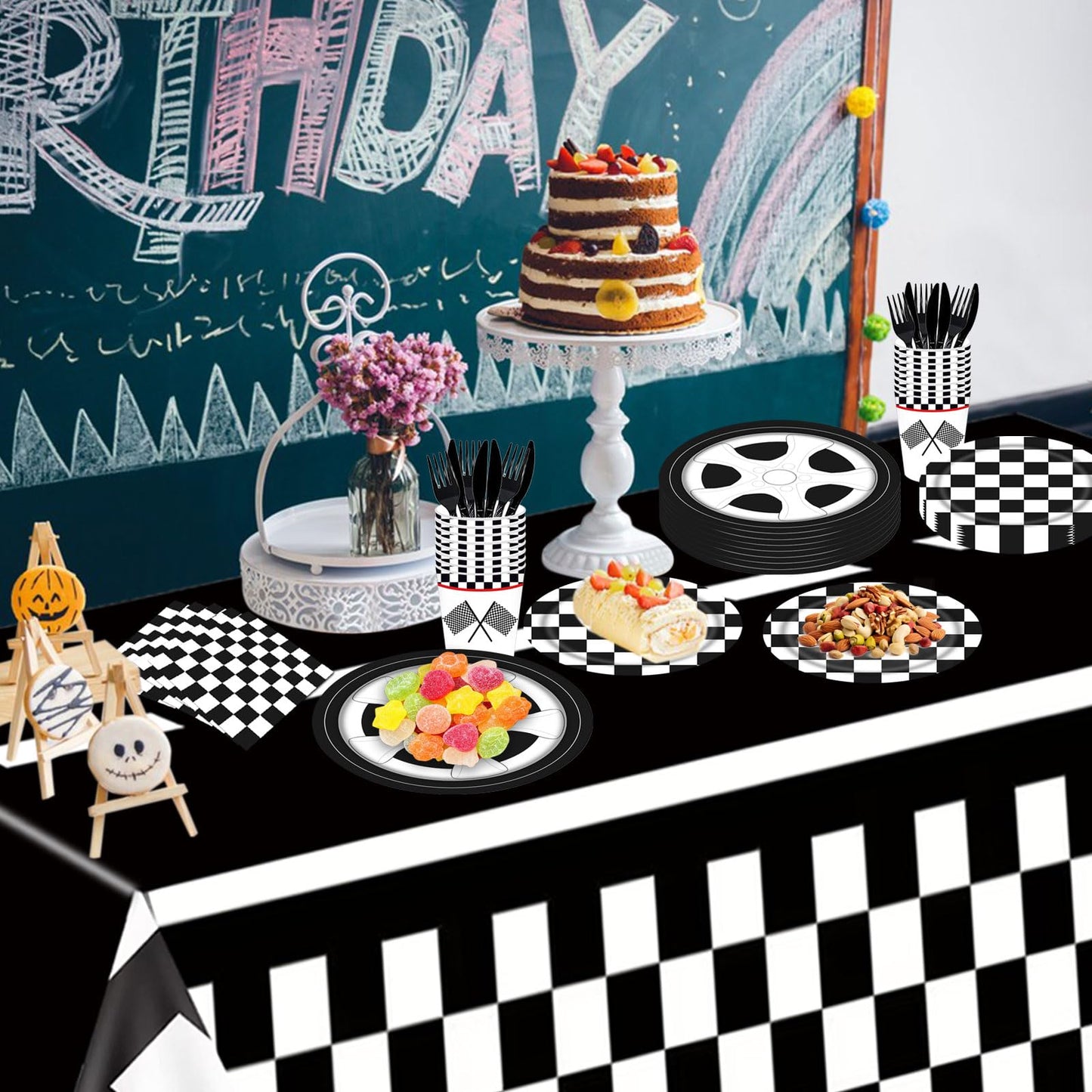Poqirzan 146PCS Race Car Party Tableware Set Racing Car Plates and Napkins Party Supplies Black and White Checkered Race Car Birthday Party Decorations Car Tablecloth Paper Plates Napkins Set Serve 24