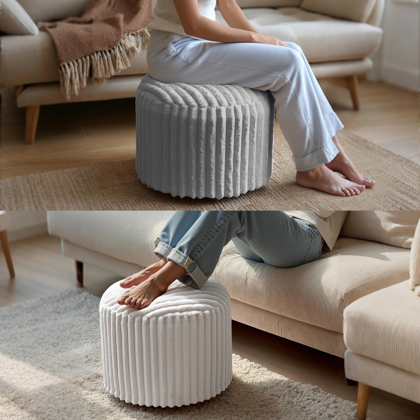 DAWNYIELD Round Stuffed Pouf Ottoman Stripe Faux Fur Footrest Stool, Solid Block Support+Soft Cushion Comfort, Removable Washable Cover, 20" Floor Pouf for Living Room Bedroom Dorm Vanity, Cream Beige