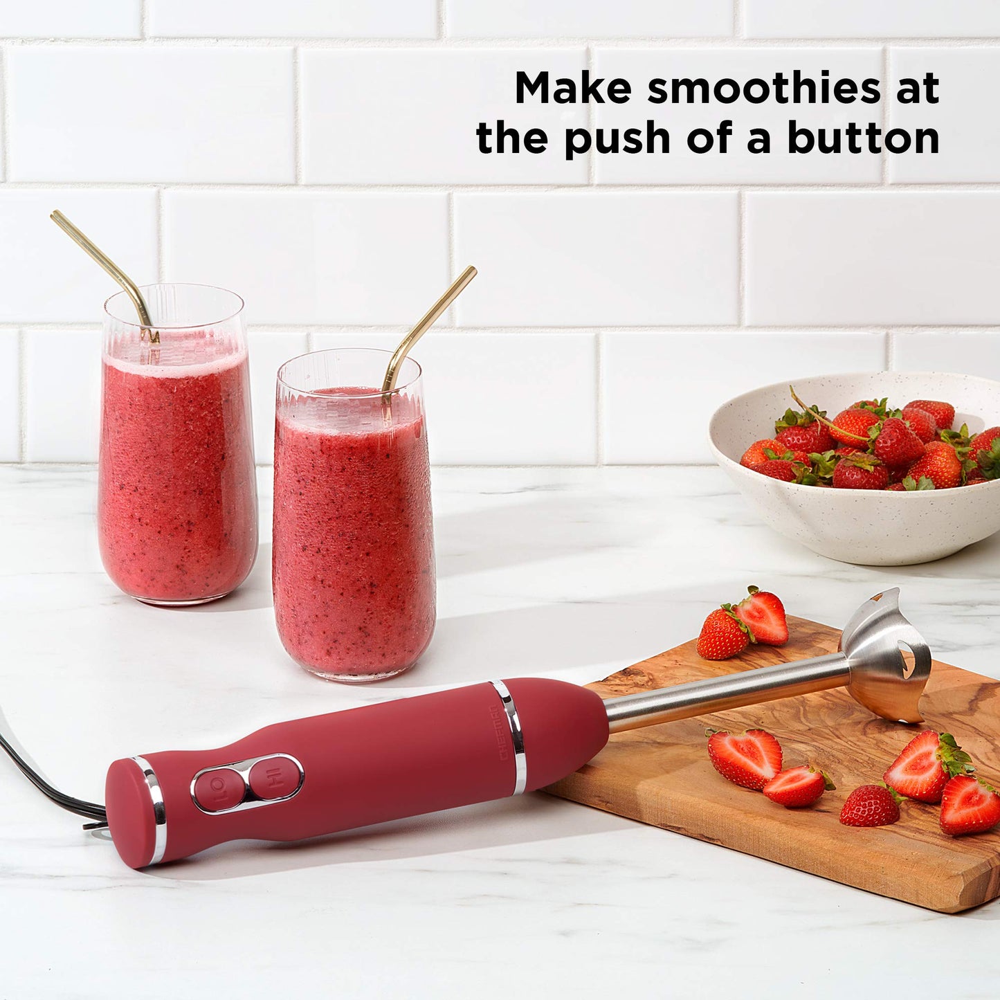 Chefman Immersion Blender, 300W Hand Blender with Stainless Steel Blades, Powerful Electric Ice Crushing 2-speed Control Handheld Food Mixer, Purées, Smoothies, Shakes, Sauces & Soups, Red
